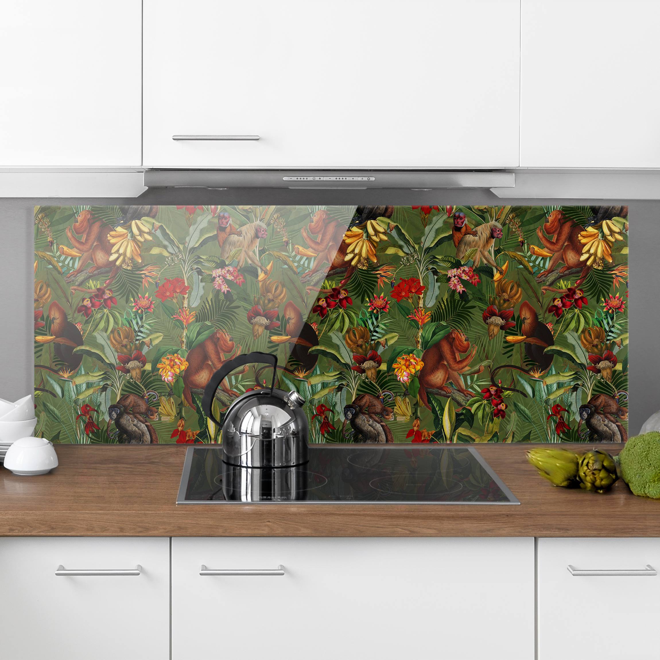 Spritzschutz Tropische Blumen mit Affen