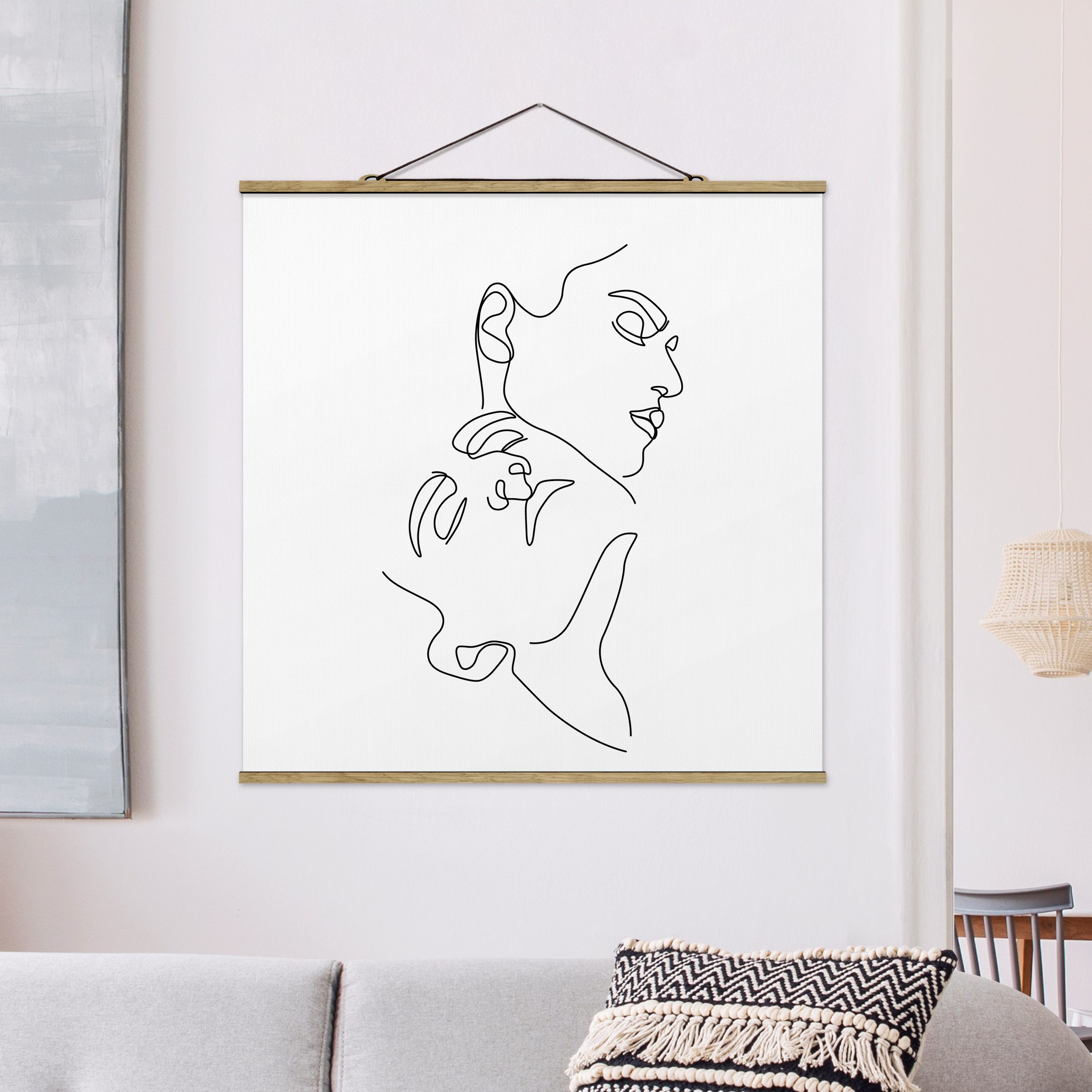 Stoffbild mit Posterleisten Line Art Frauen Gesichter Weiß