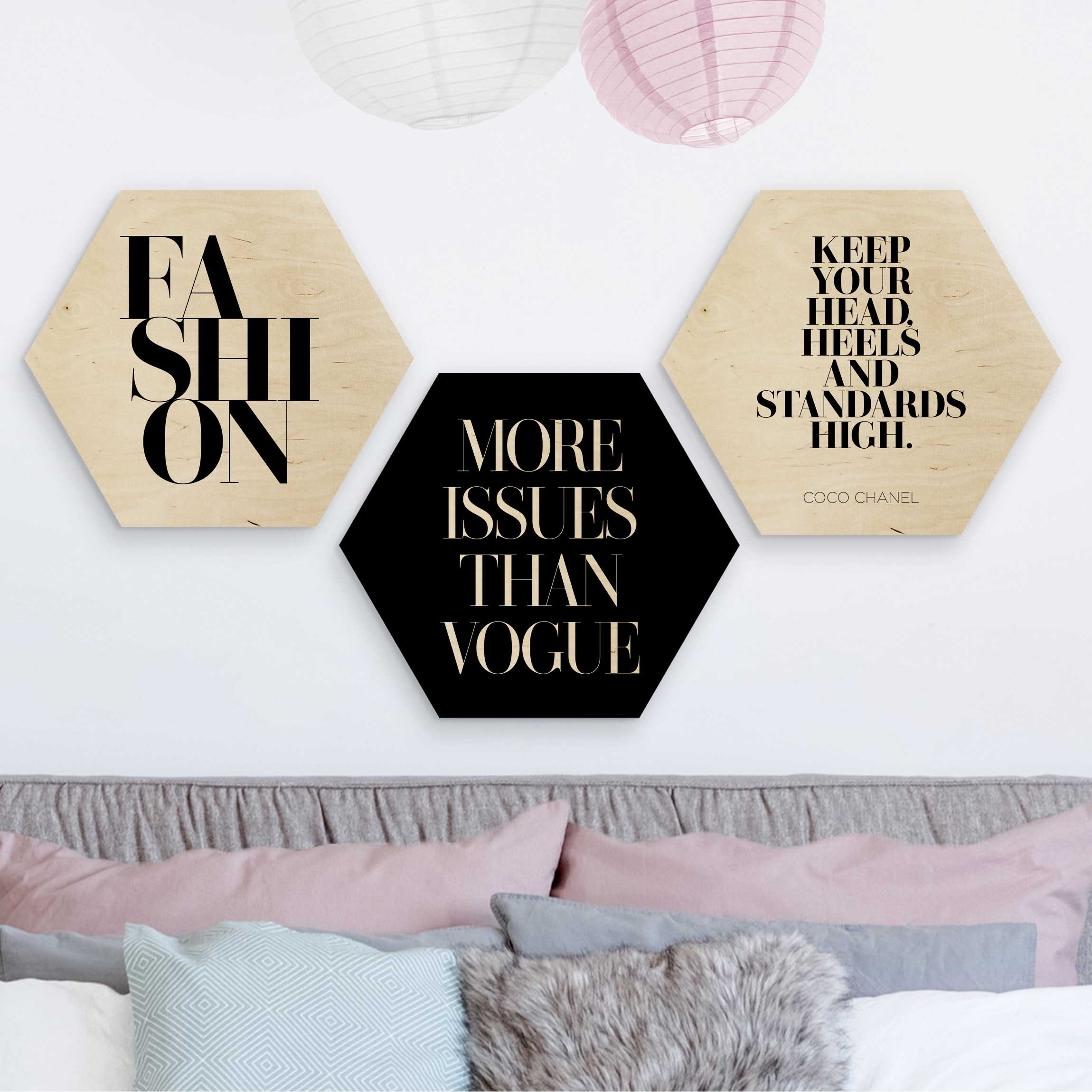 3-teiliges Hexagon-Holzbild Fashion Vogue & High Heels