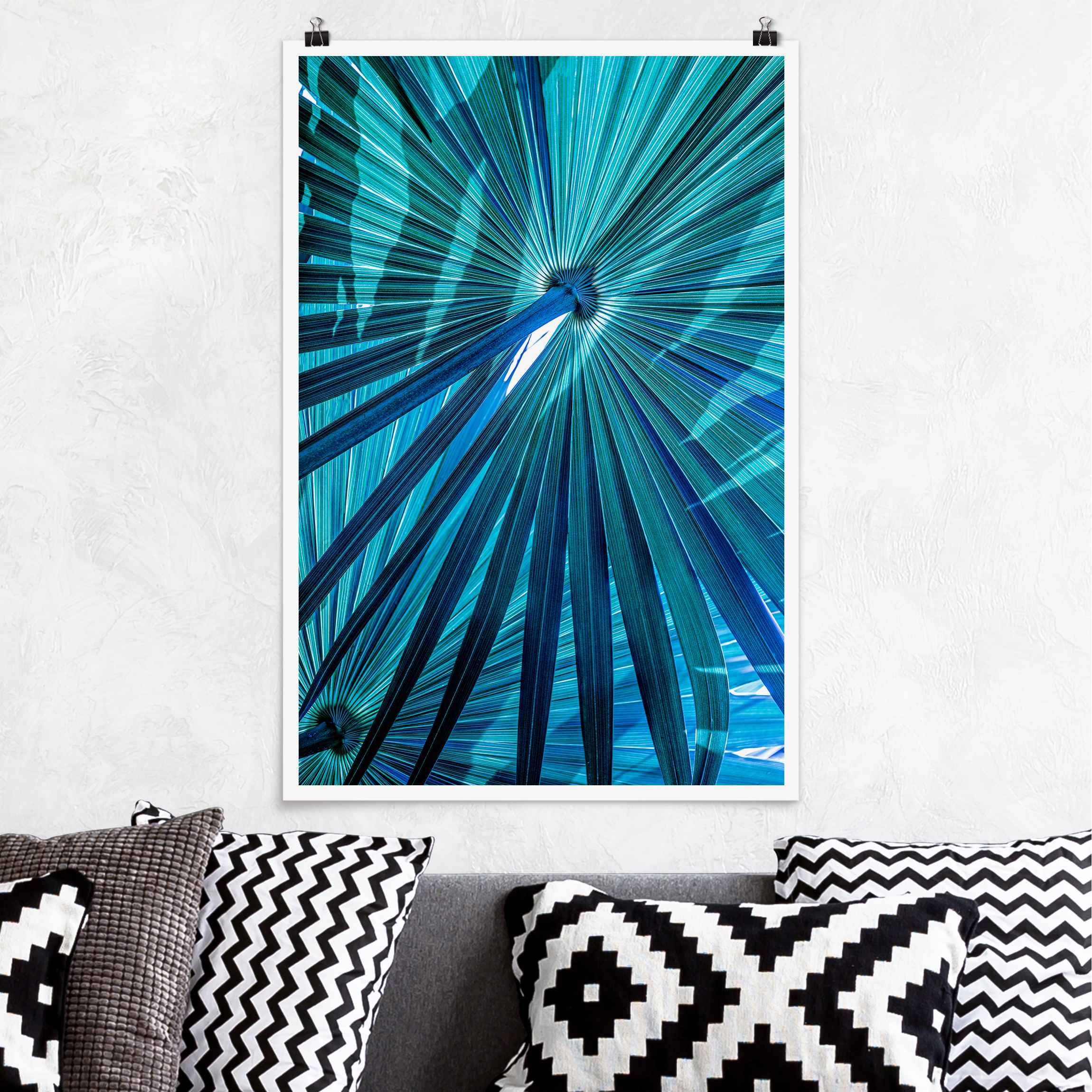 Poster Tropische Pflanzen Palmenblatt in Türkis