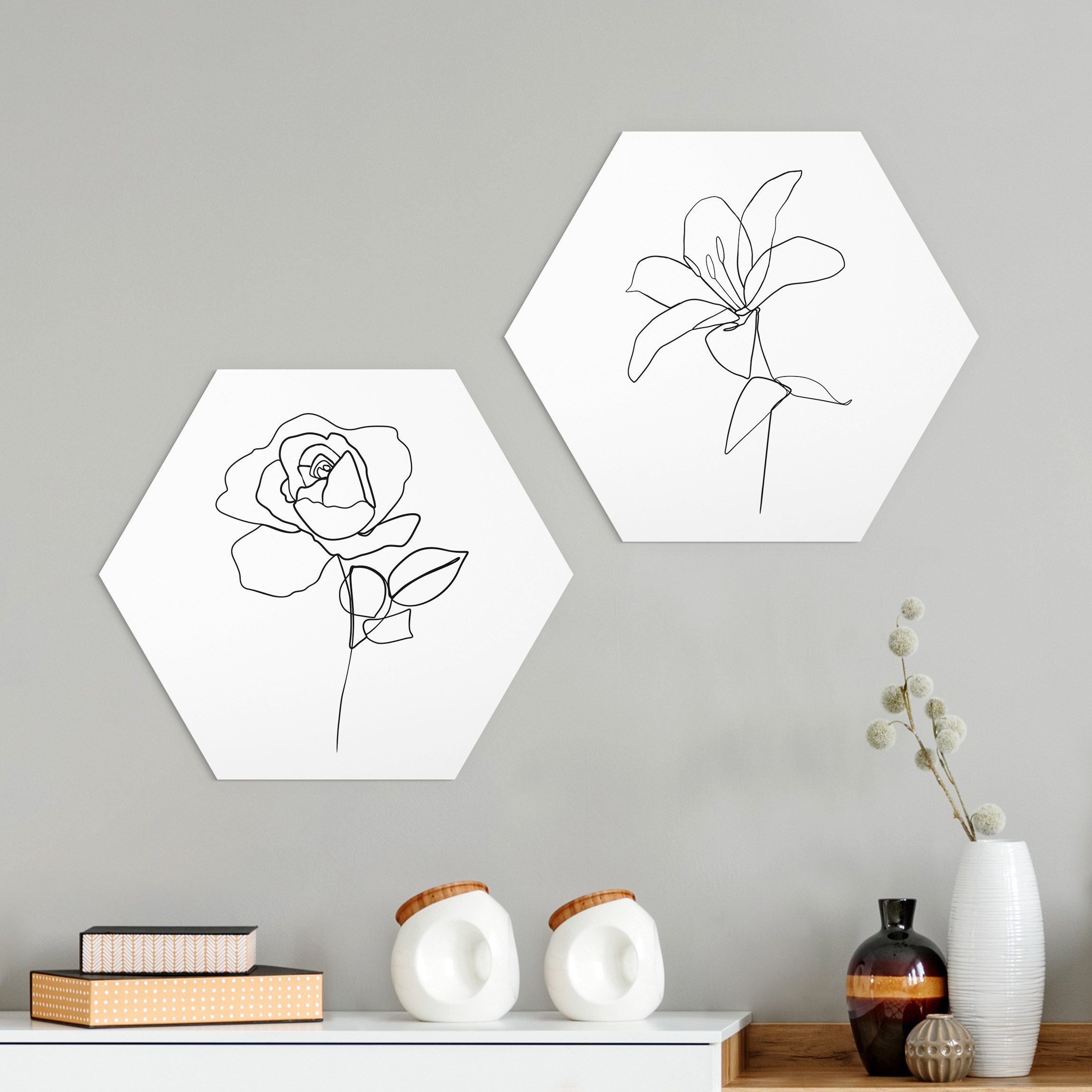2-teiliges Hexagon-Alu-Dibond Bild Line Art Blüten Schwarz Weiß Set
