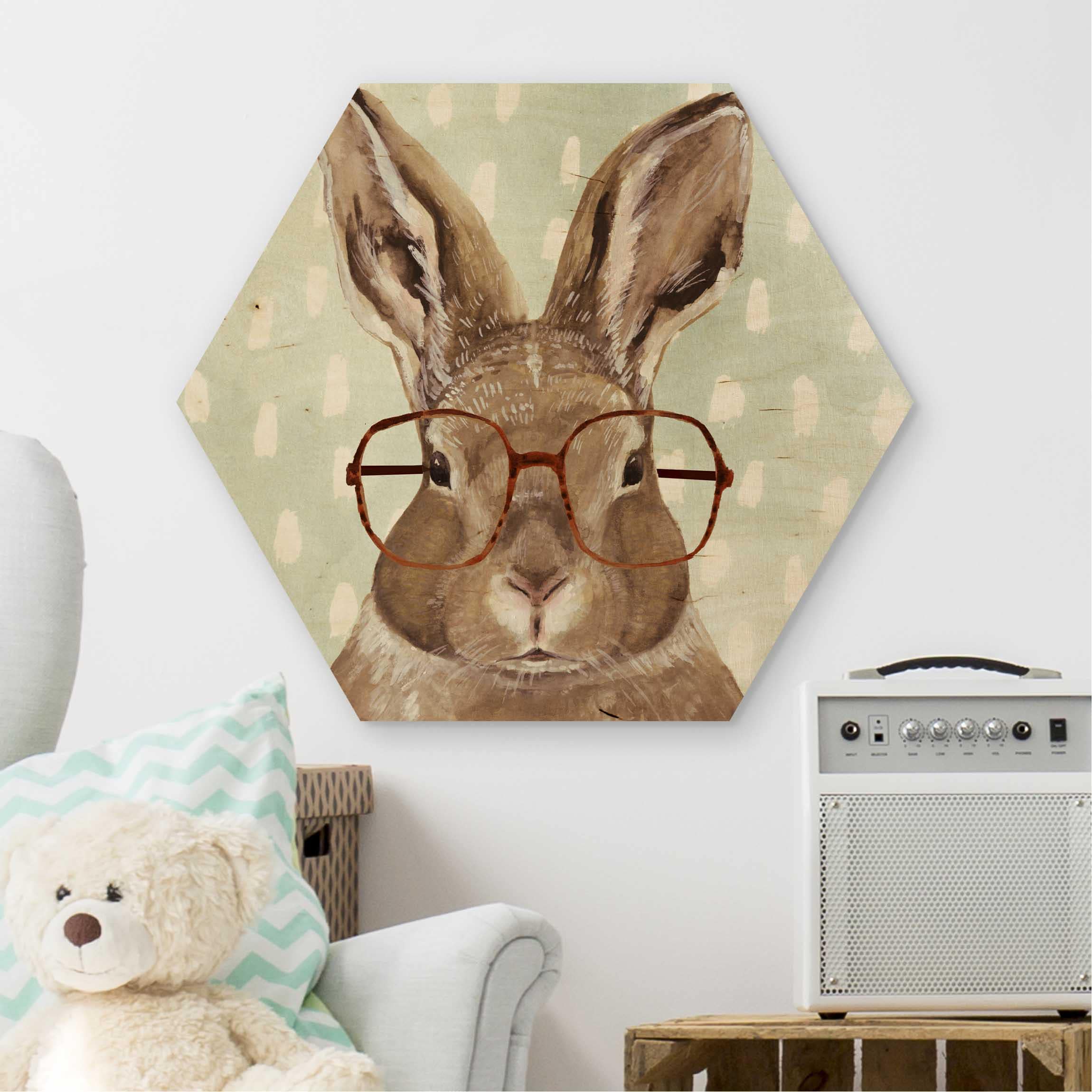 Hexagon-Holzbild Bebrillte Tiere - Hase