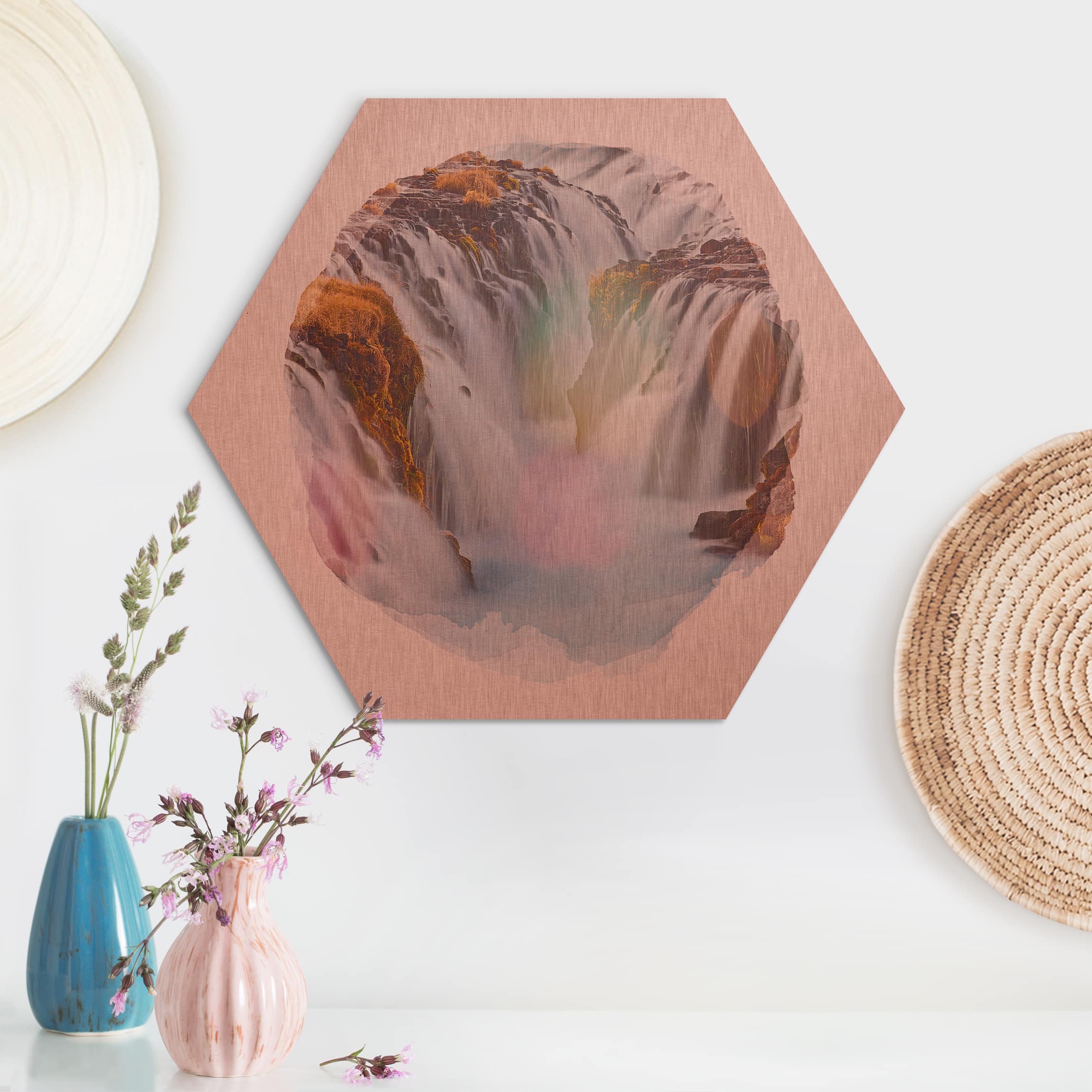 Hexagon-Alu-Dibond Bild Wasserfarben - Brúarfoss Wasserfall in Island