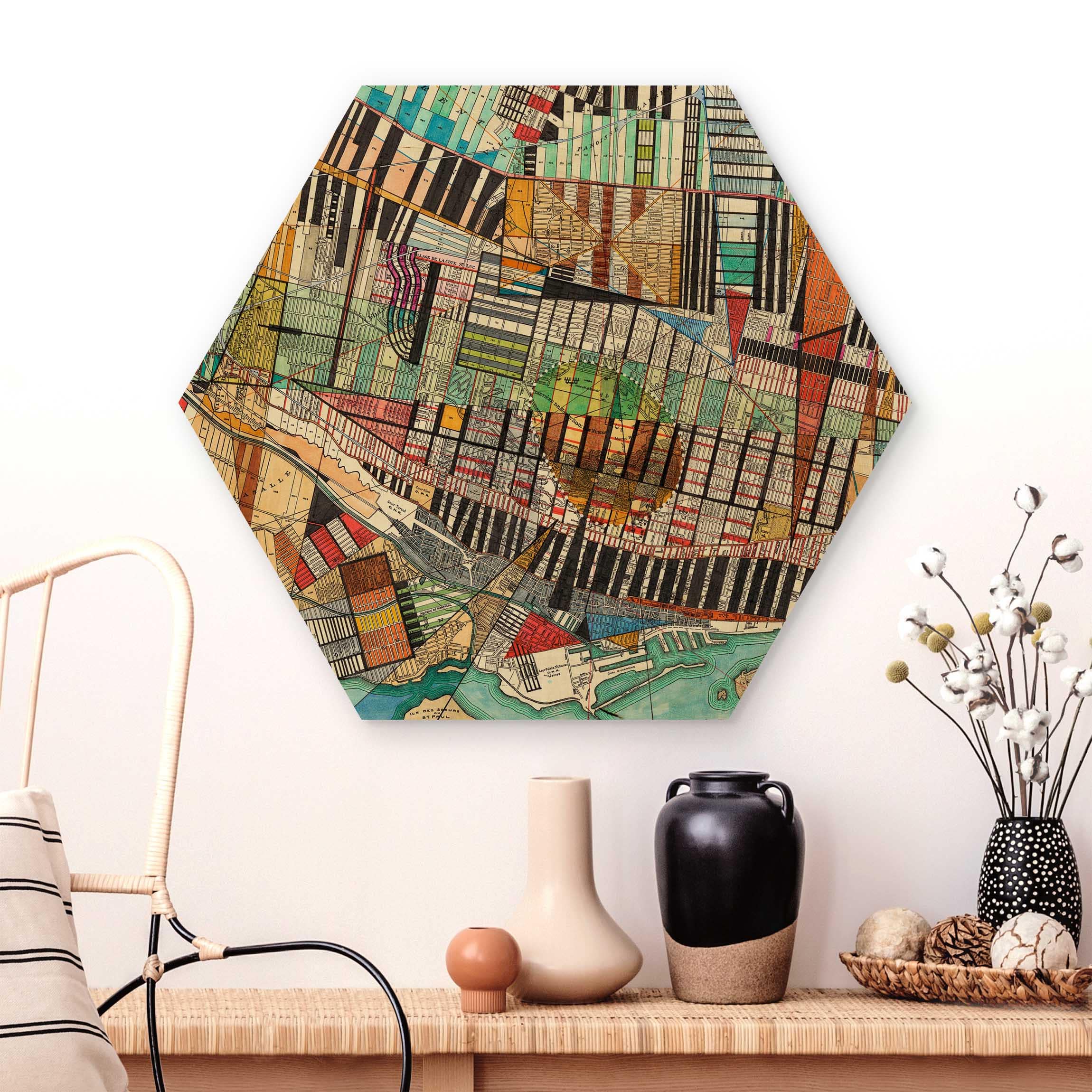 Hexagon-Holzbild Moderne Karte von Montreal