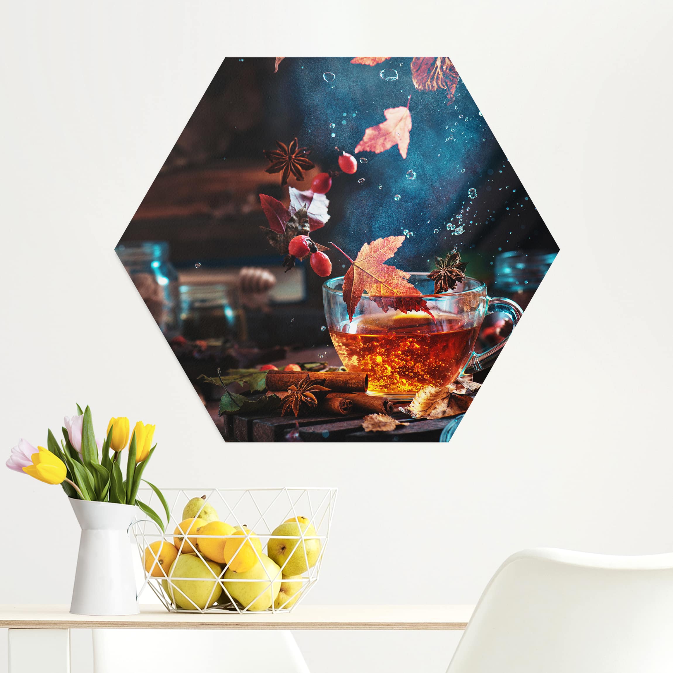 Hexagon-Alu-Dibond Bild Teetasse im Herbst