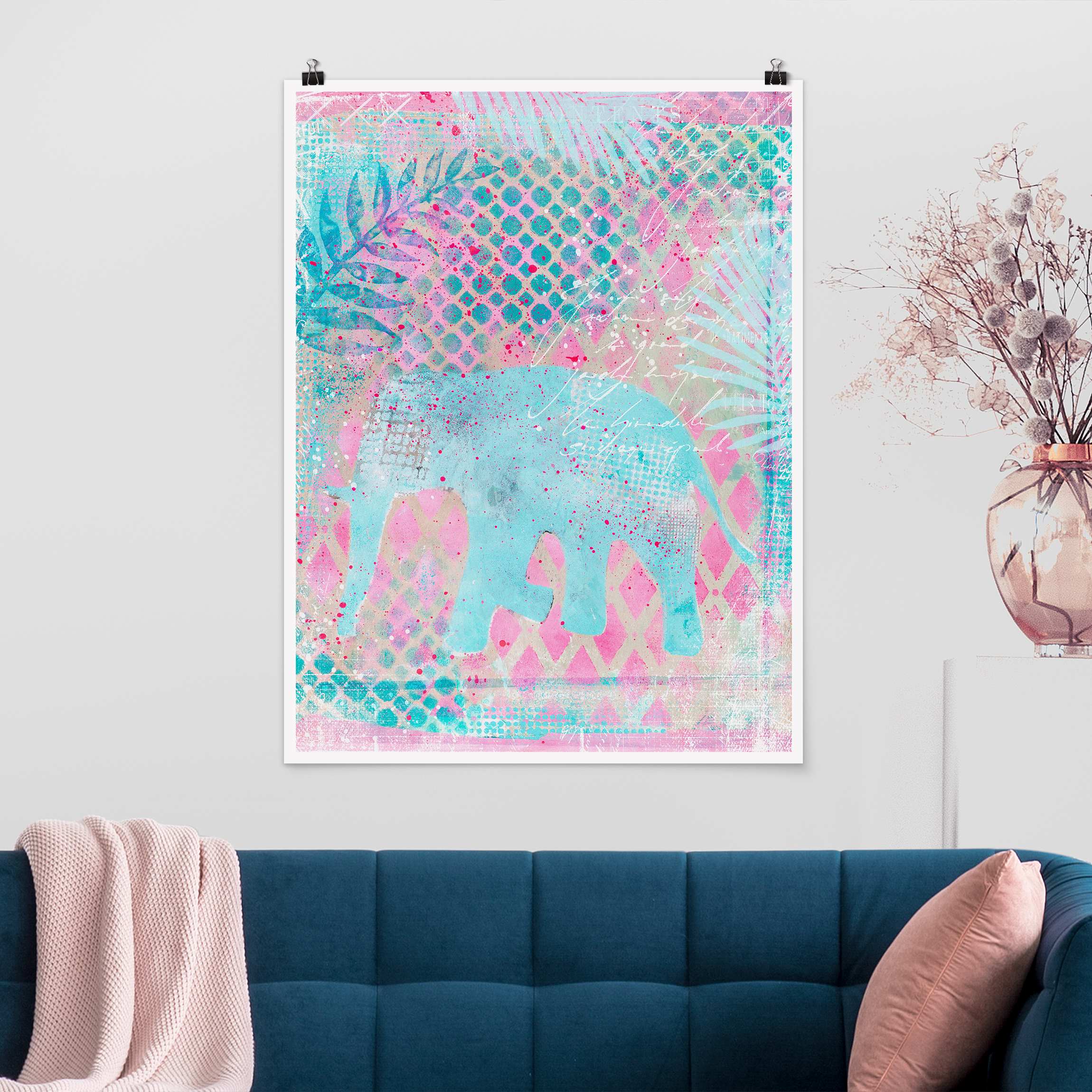 Poster Bunte Collage - Elefant in Blau und Rosa