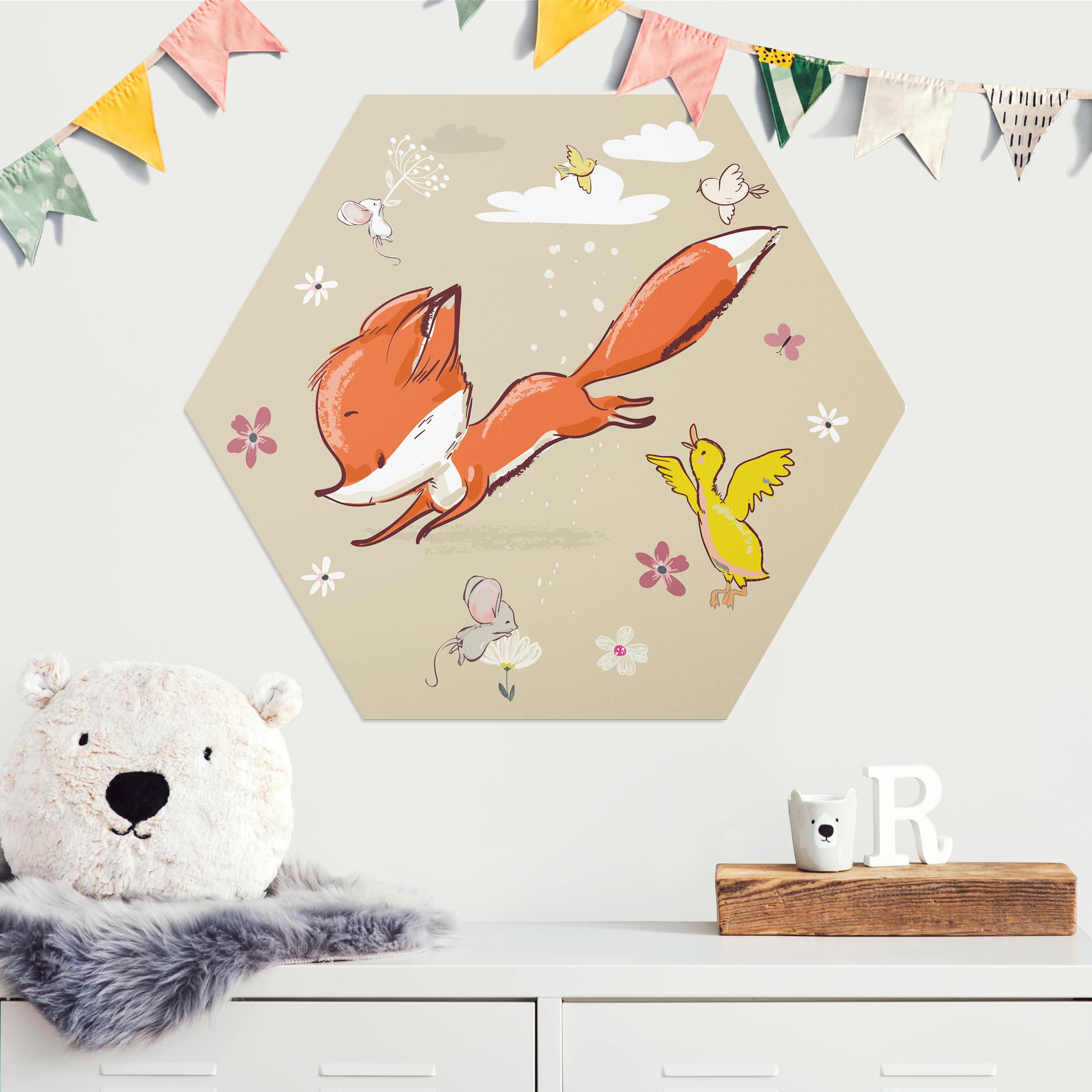 Hexagon-Alu-Dibond Bild Komm wir spielen