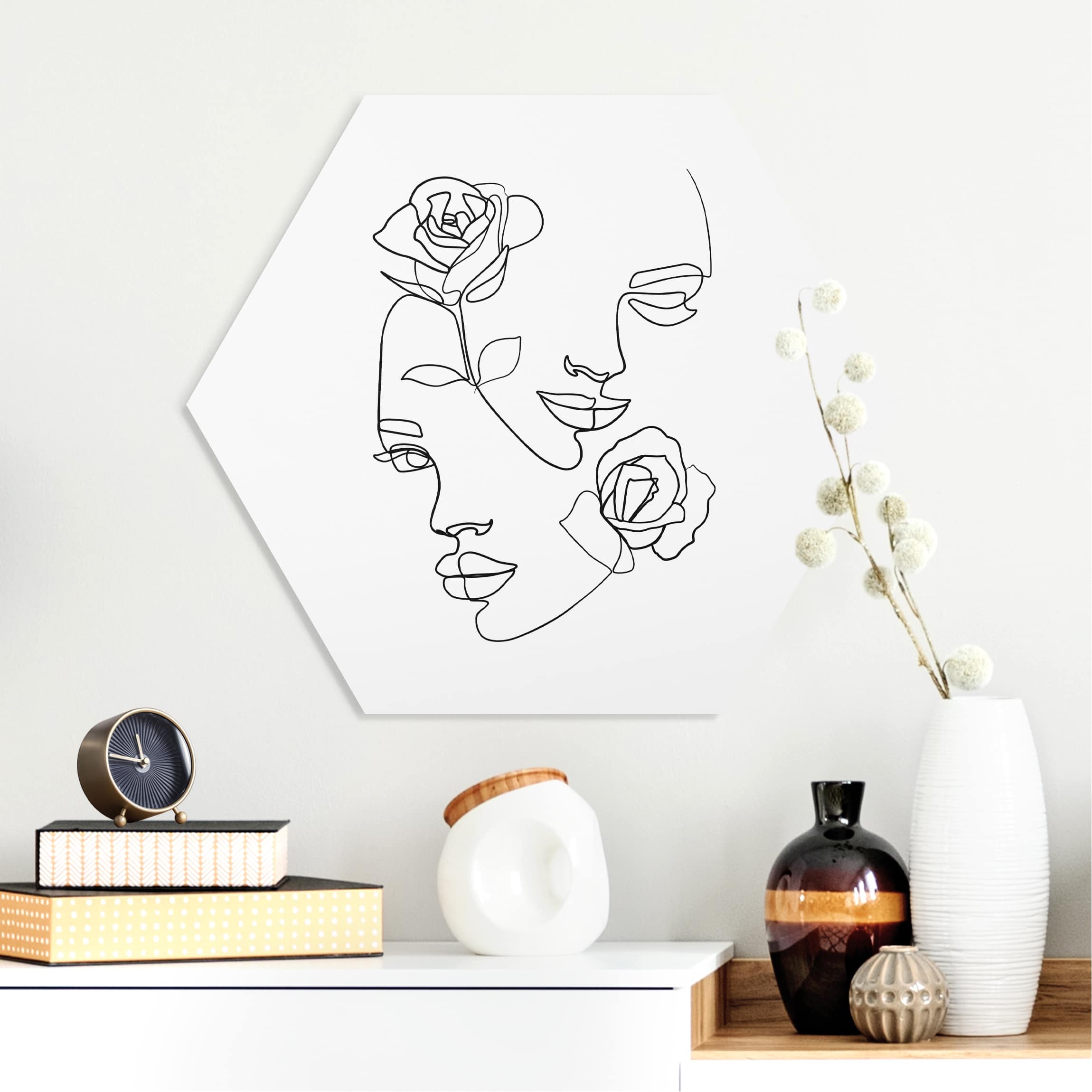Hexagon-Forexbild Line Art Gesichter Frauen Rosen Schwarz Weiß