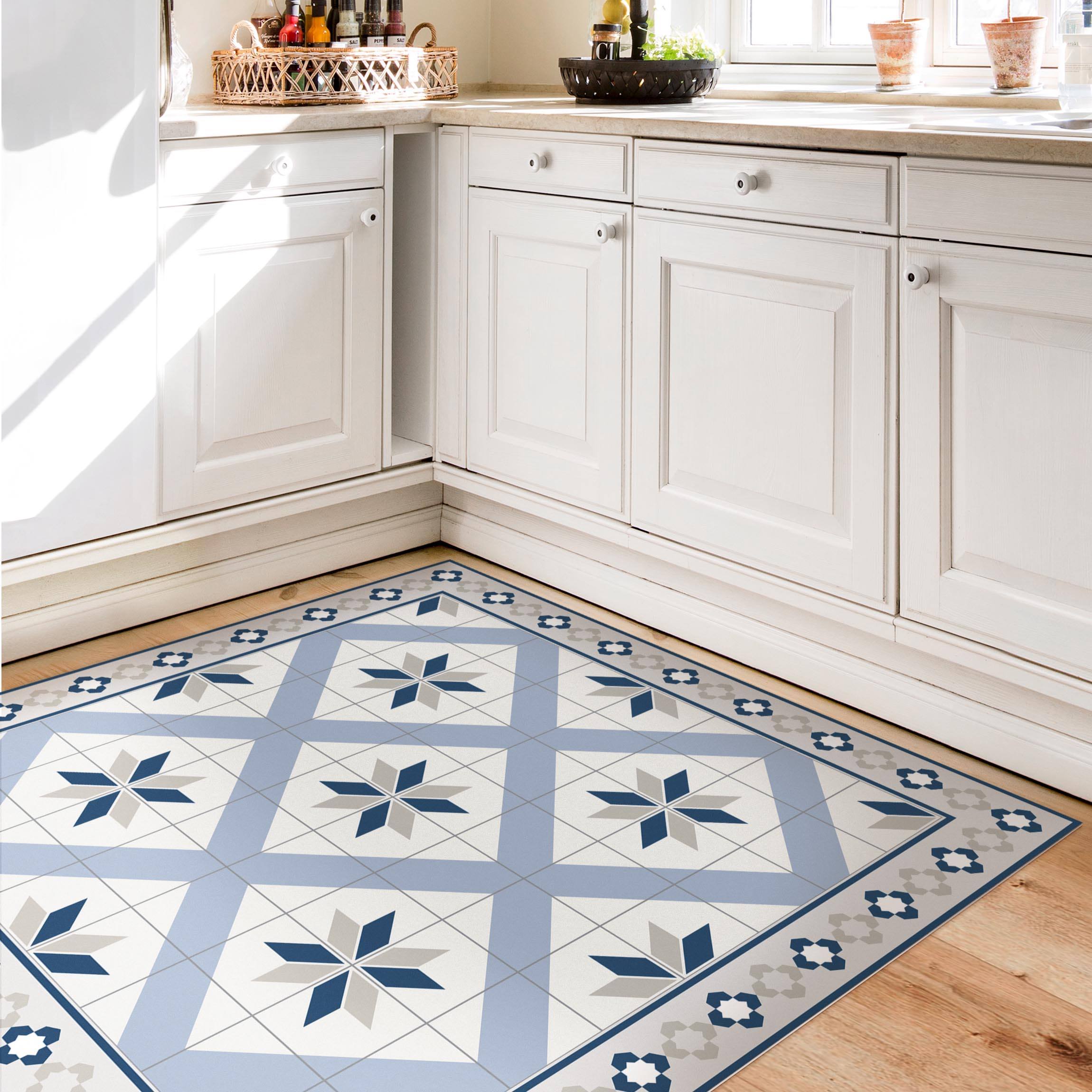 Vinylteppich Geometrische Fliesen Rautenblüte Taubenblau mit Bordüre