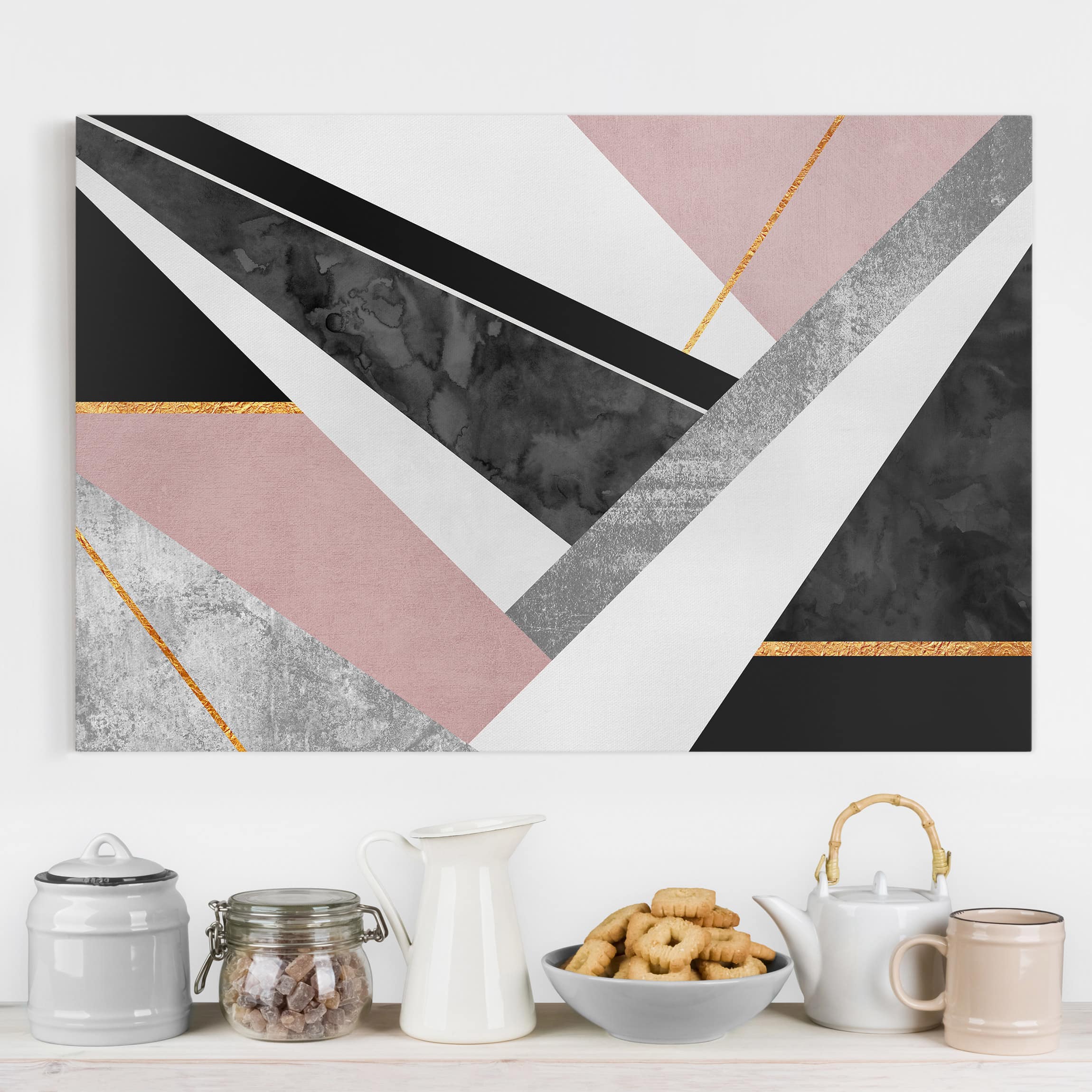 Leinwandbild - Querformat Schwarz Weiß Geometrie mit Gold
