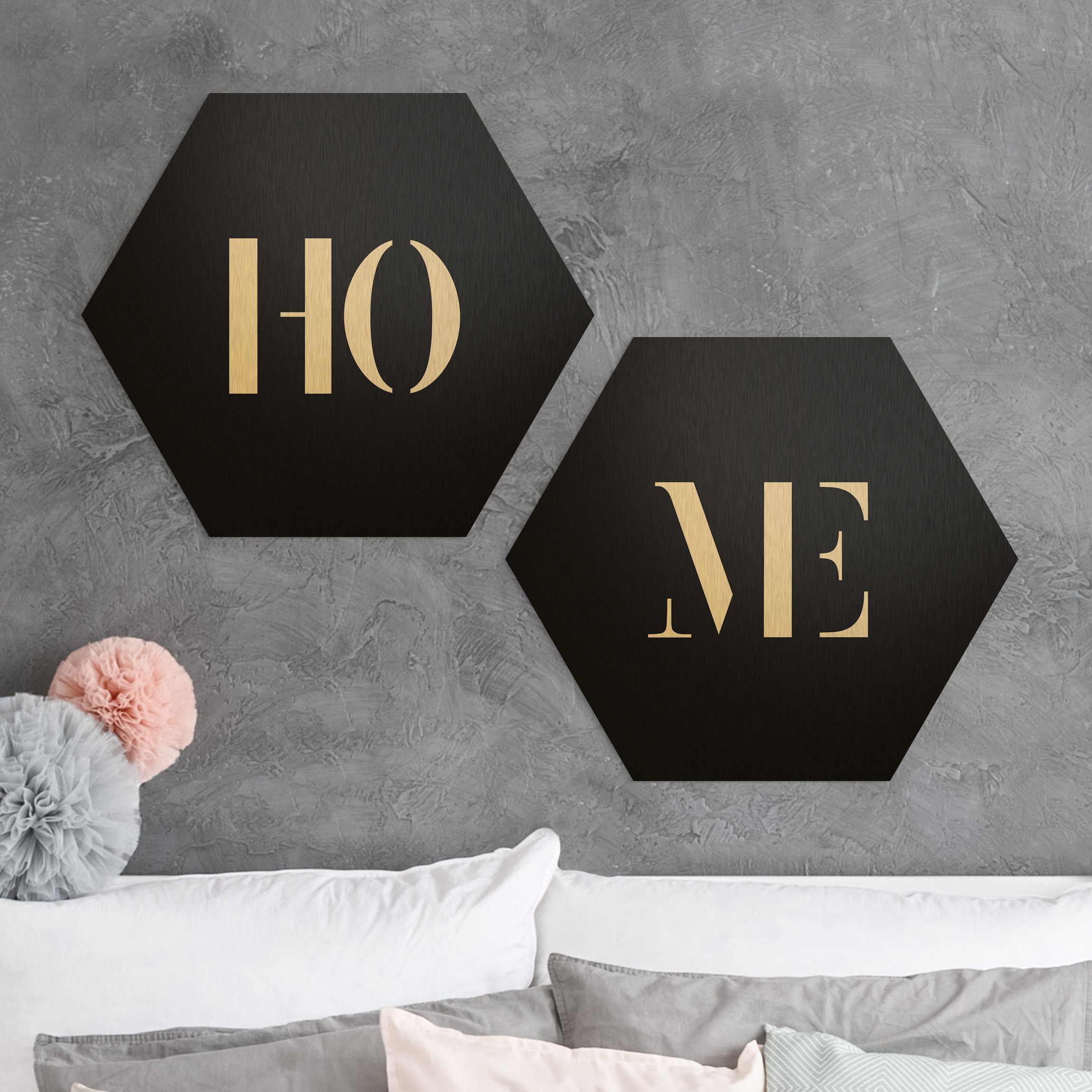 2-teiliges Hexagon-Alu-Dibond Bild Buchstaben HOME Weiß Set I