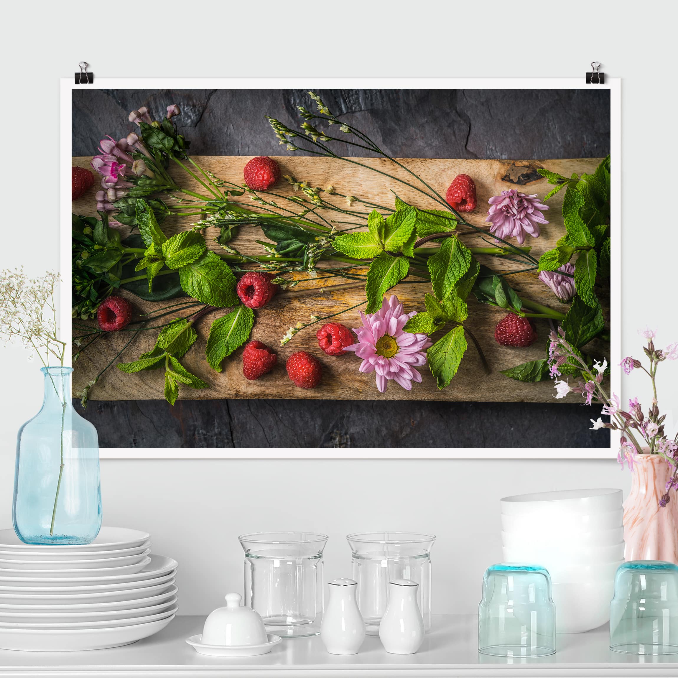 Poster - Querformat Blumen Himbeeren Minze