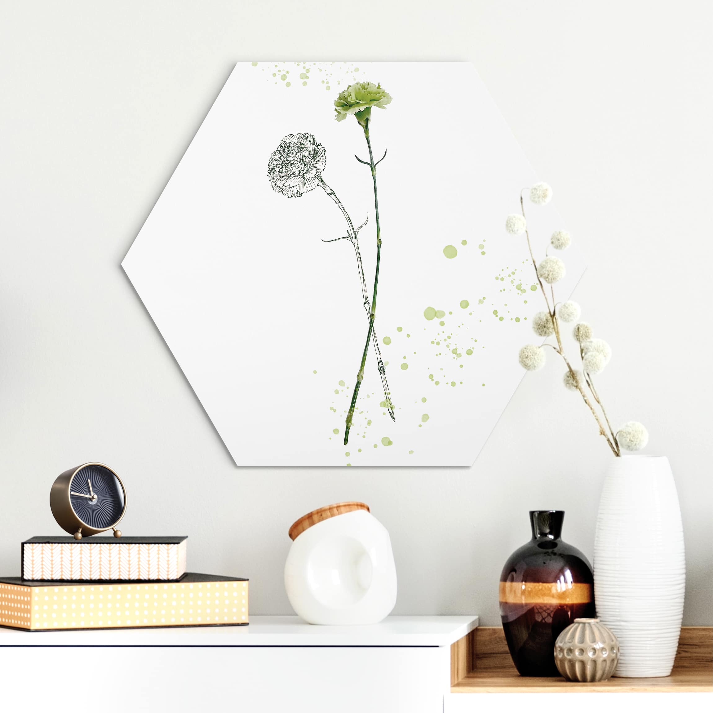 Hexagon-Alu-Dibond Bild Botanisches Aquarell - Nelke