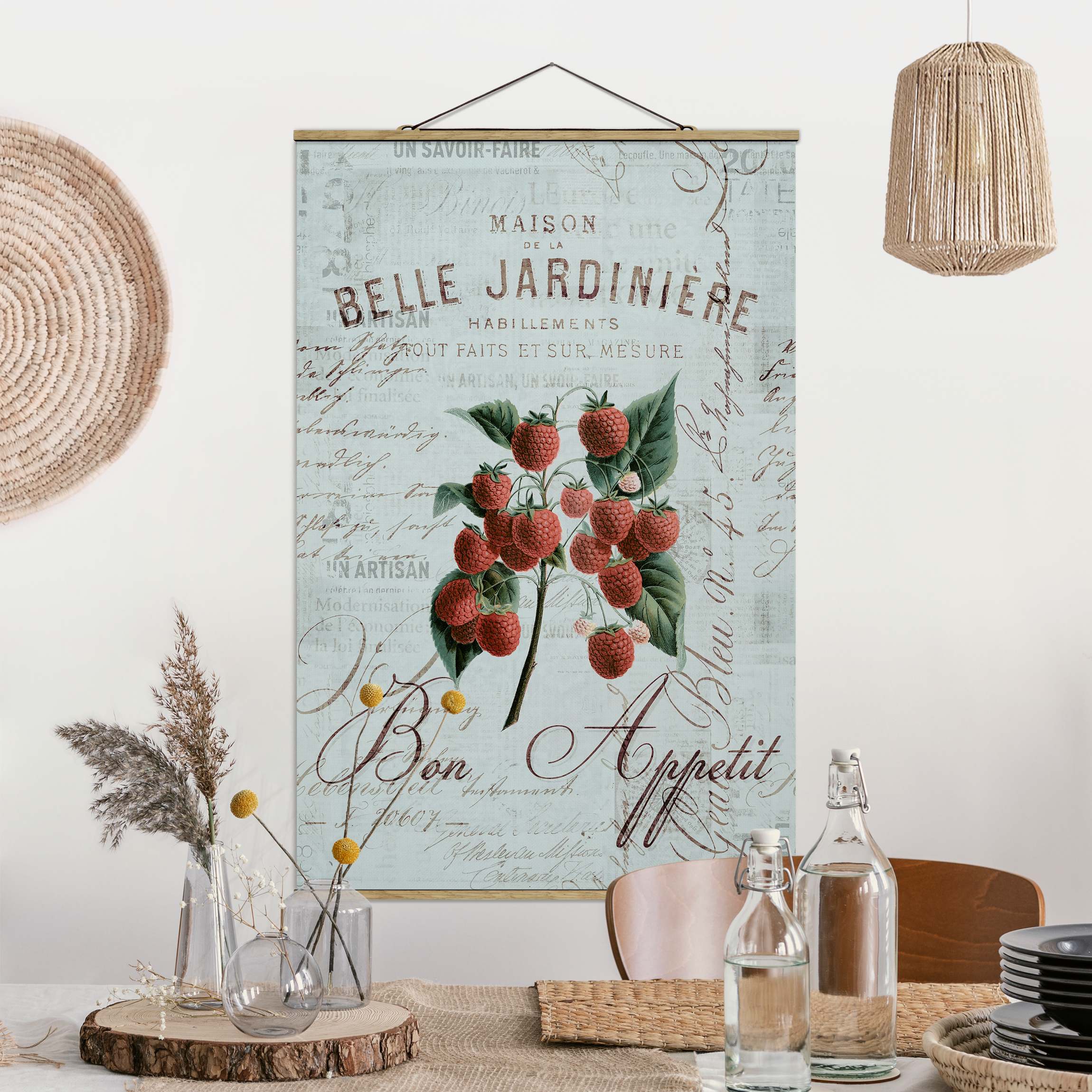 Stoffbild mit Posterleisten Shabby Chic Collage - Himbeeren