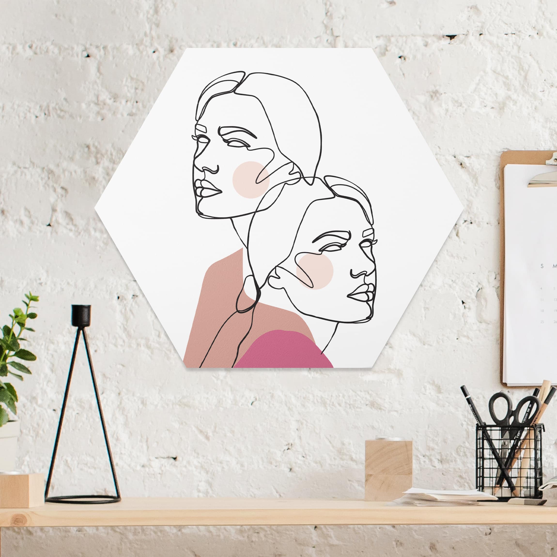 Hexagon-Forexbild Line Art Frauen Portrait Wangen Rosa