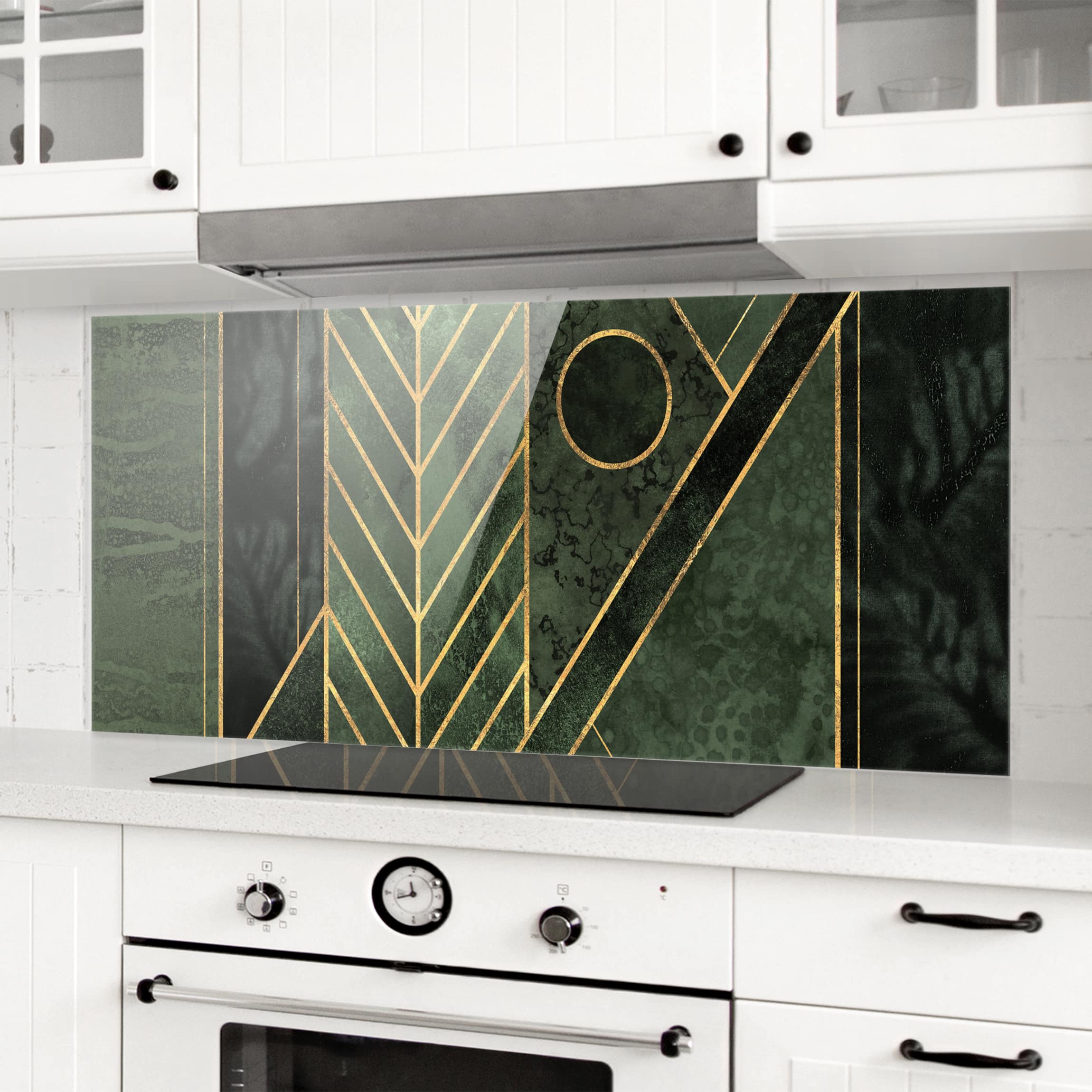 Glas Spritzschutz - Panorama Geometrische Formen Smaragd Gold