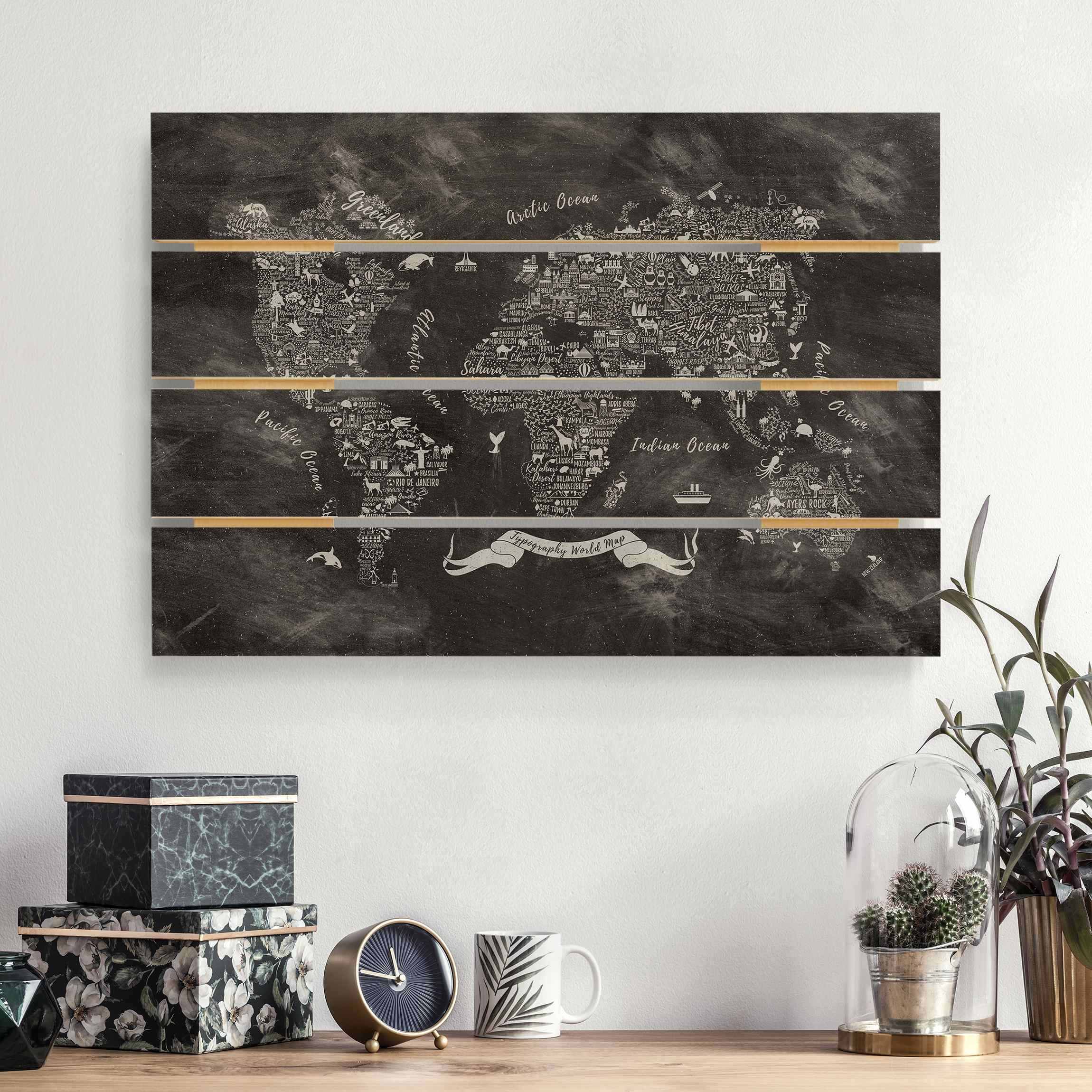 Holzbild Plankenoptik Kreide Typografie Weltkarte