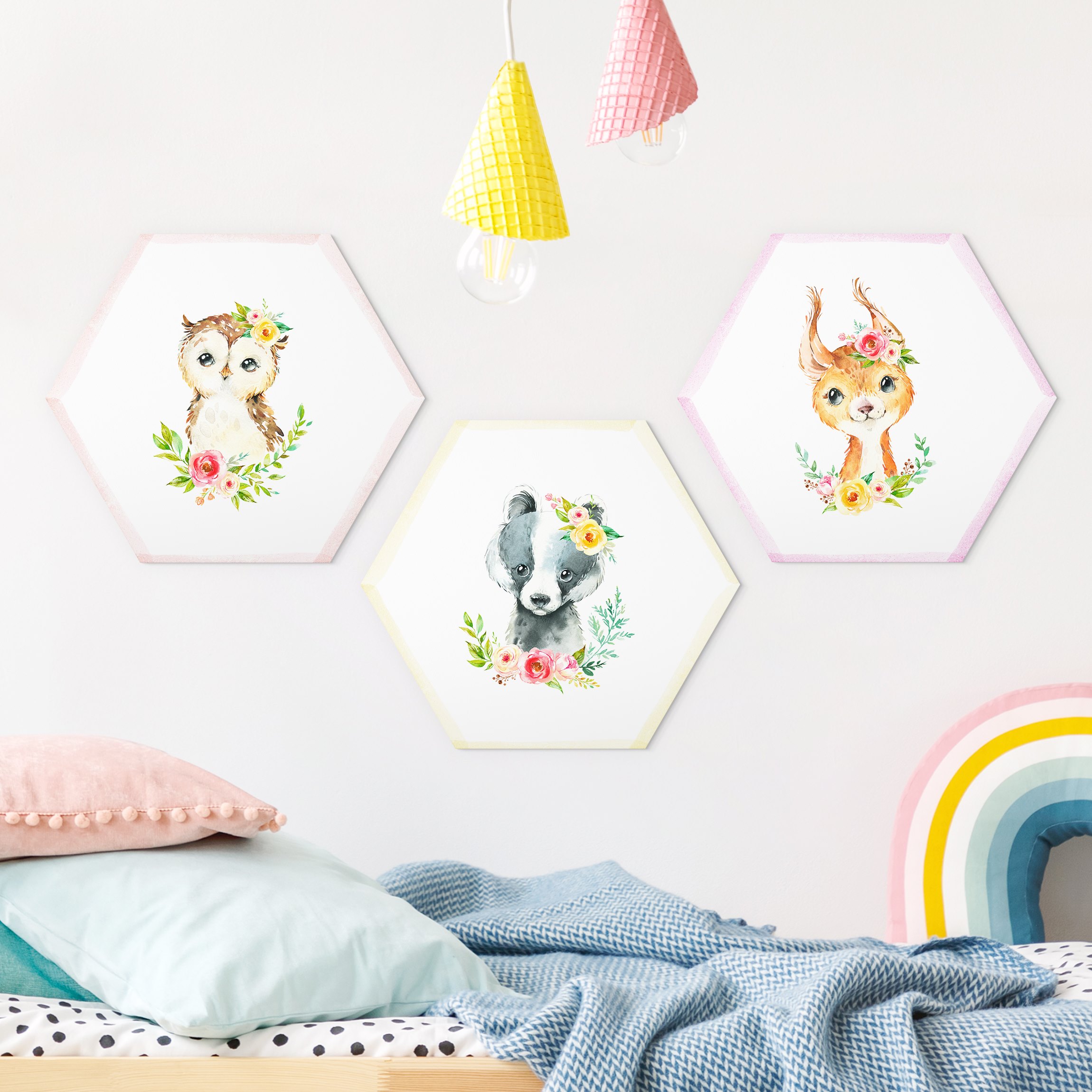 3-teiliges Hexagon-Alu-Dibond Bild Aquarell Waldtiere mit Blumen Set III