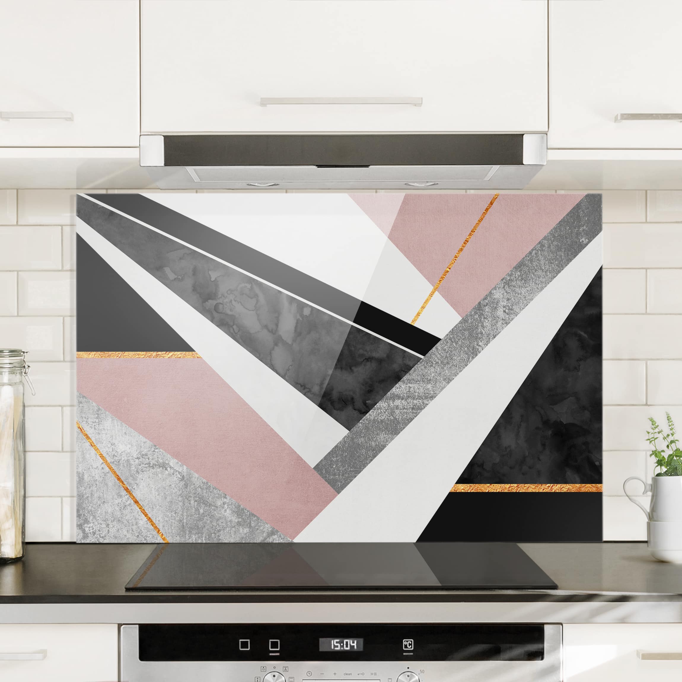 Glas Spritzschutz - Querformat 3:2 Schwarz Weiß Geometrie mit Gold