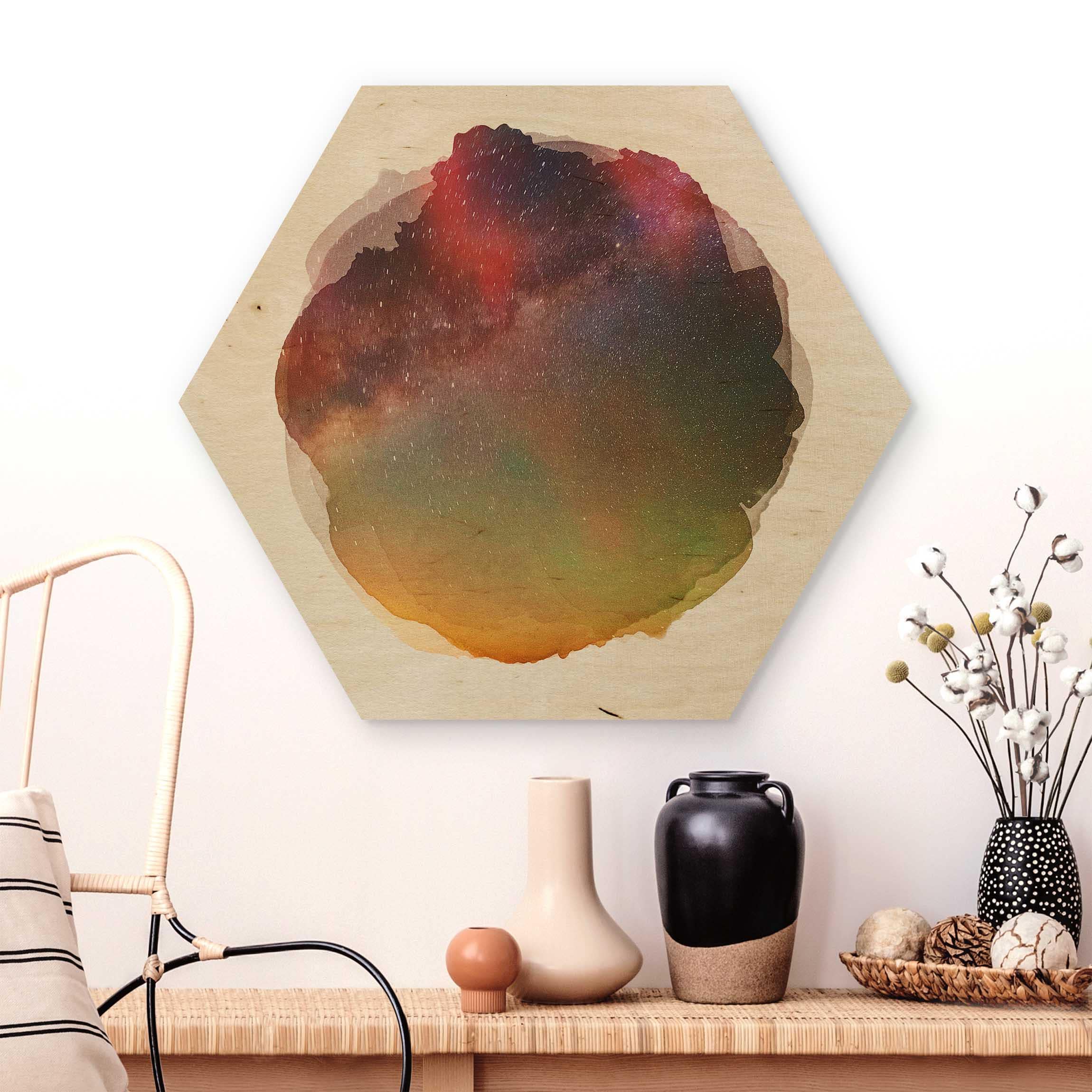 Hexagon-Holzbild Wasserfarben - Sternenhimmel über dem Meer