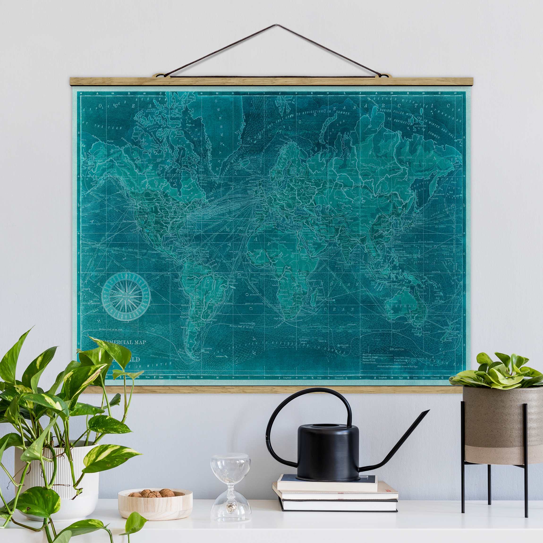 Stoffbild - Querformat Vintage Weltkarte Azurblau