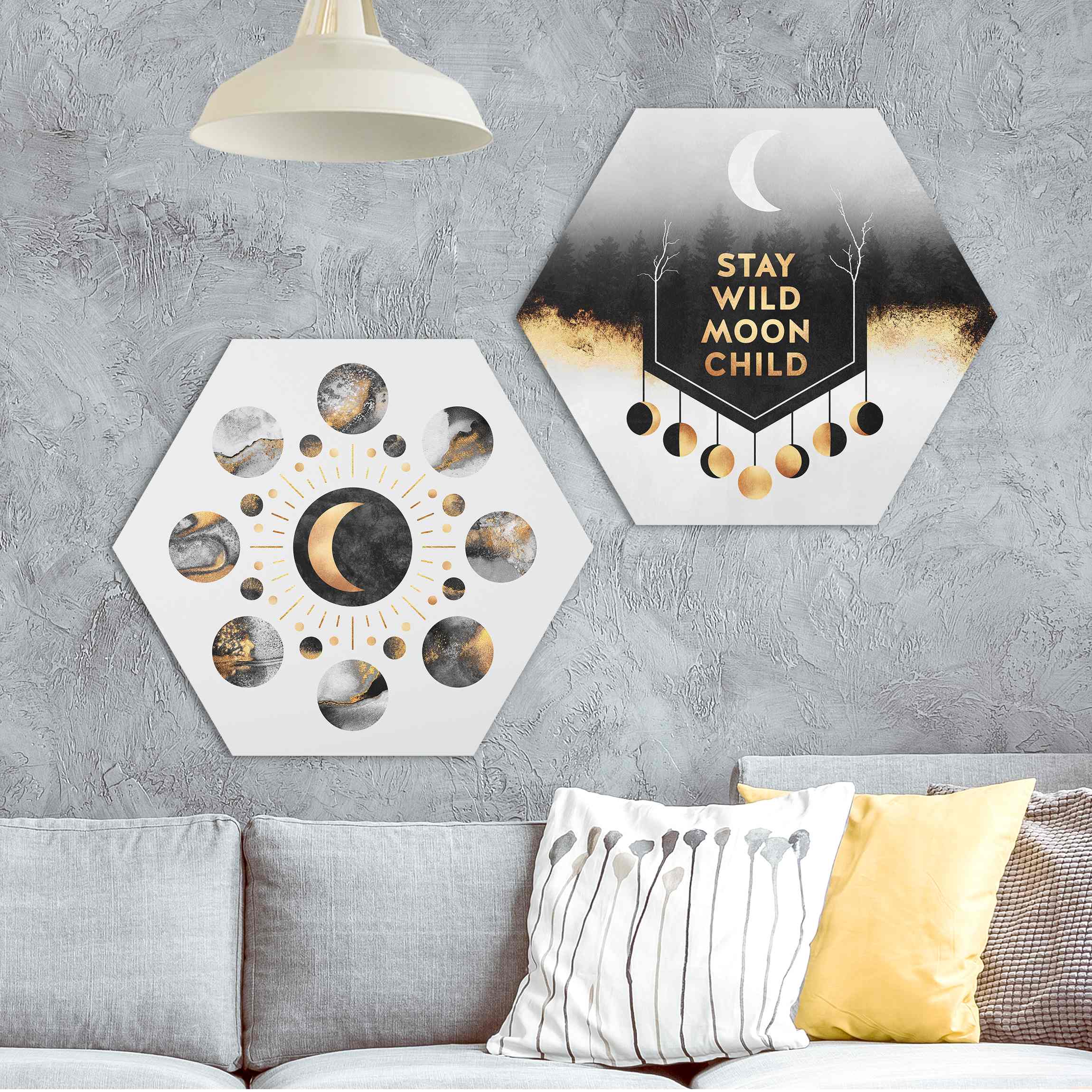 2-teiliges Hexagon-Alu-Dibond Bild Stay Wild Moon Child Mondpasen