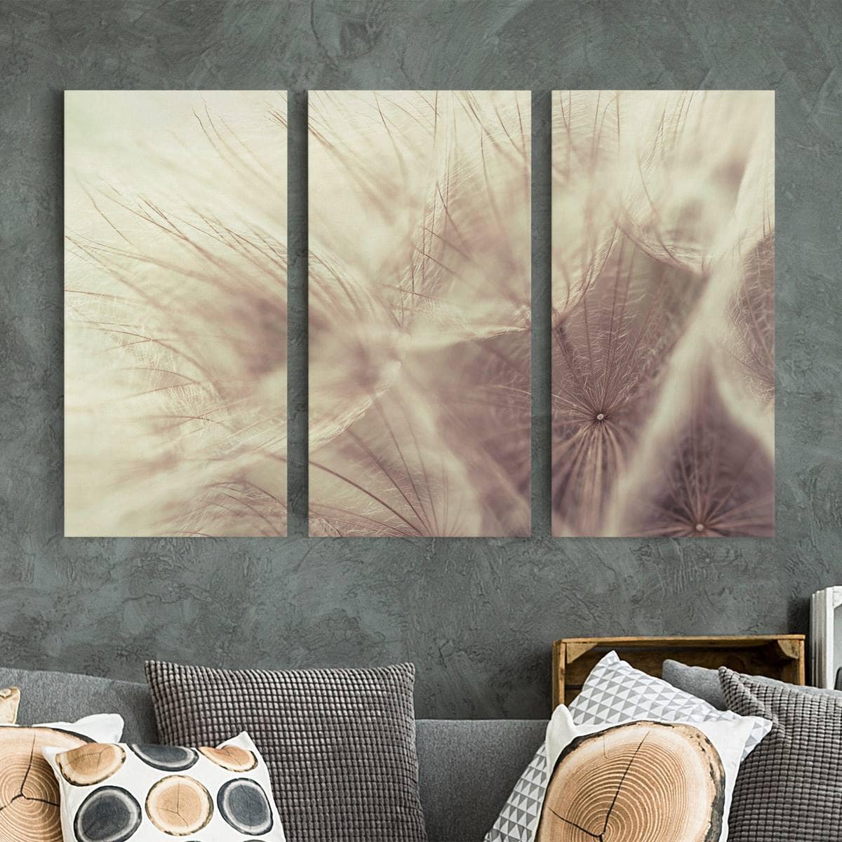 3-teiliges Leinwandbild Detailreiche Pusteblumen Makroaufnahme mit Vintage Blur Effekt