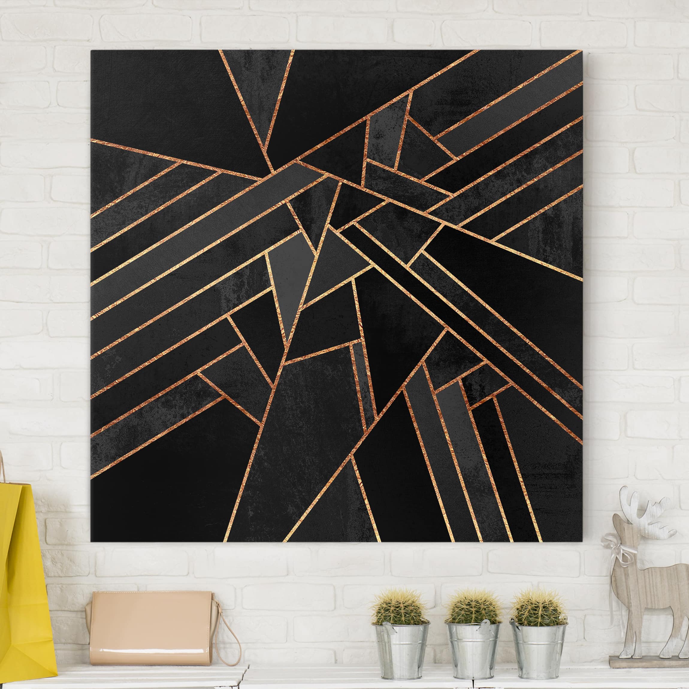 Leinwandbild - Quadrat Schwarze Dreiecke Gold