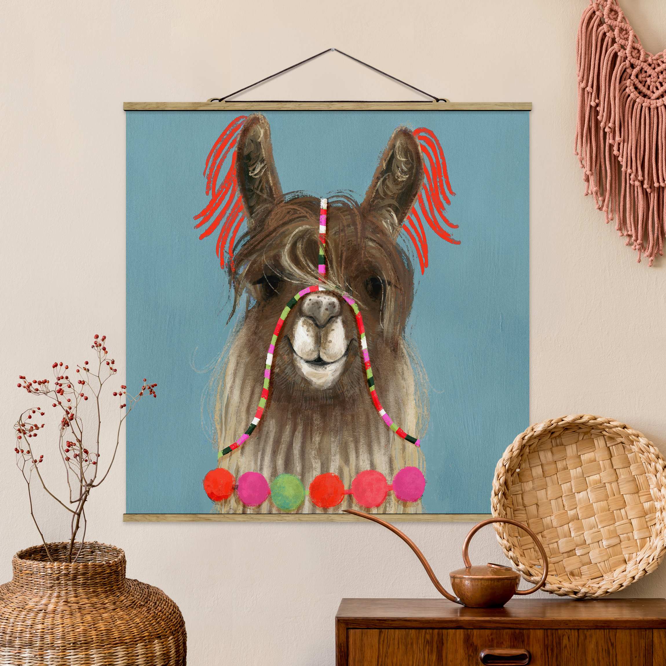 Stoffbild - Quadrat Lama mit Schmuck I