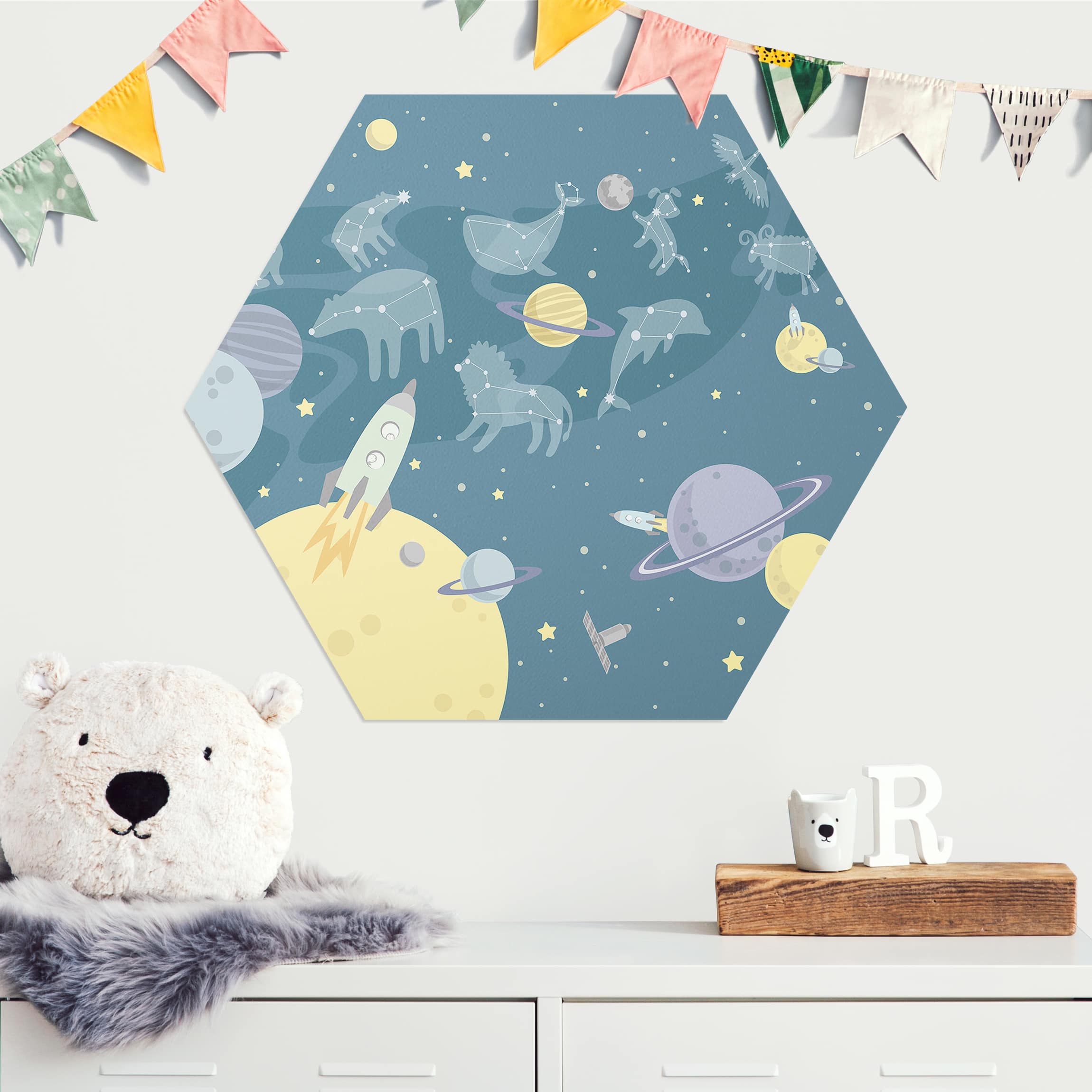 Hexagon-Alu-Dibond Bild Planeten mit Sternzeichen und Raketen