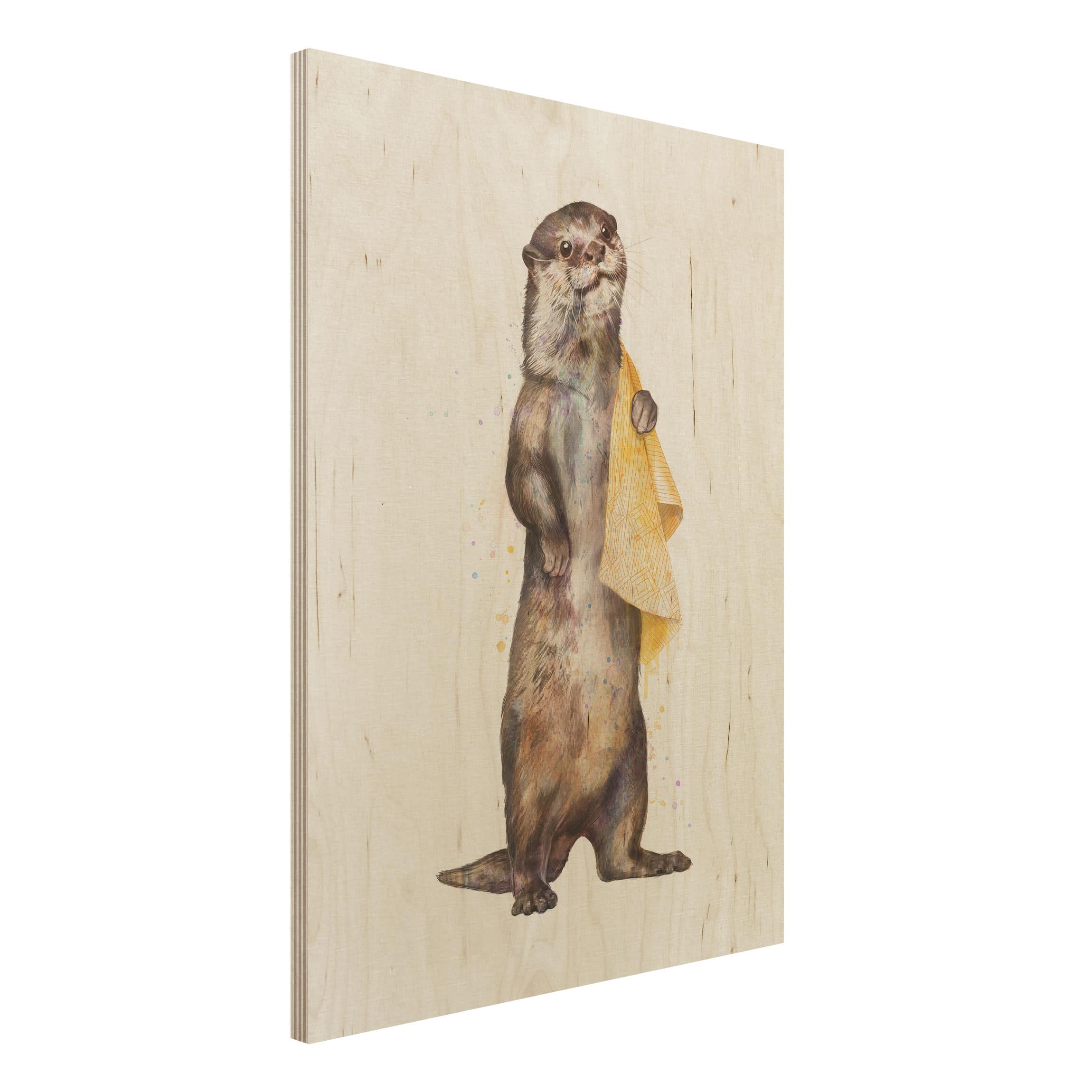 Holzbild - Hochformat 3:4 Illustration Otter mit Handtuch Malerei Weiß