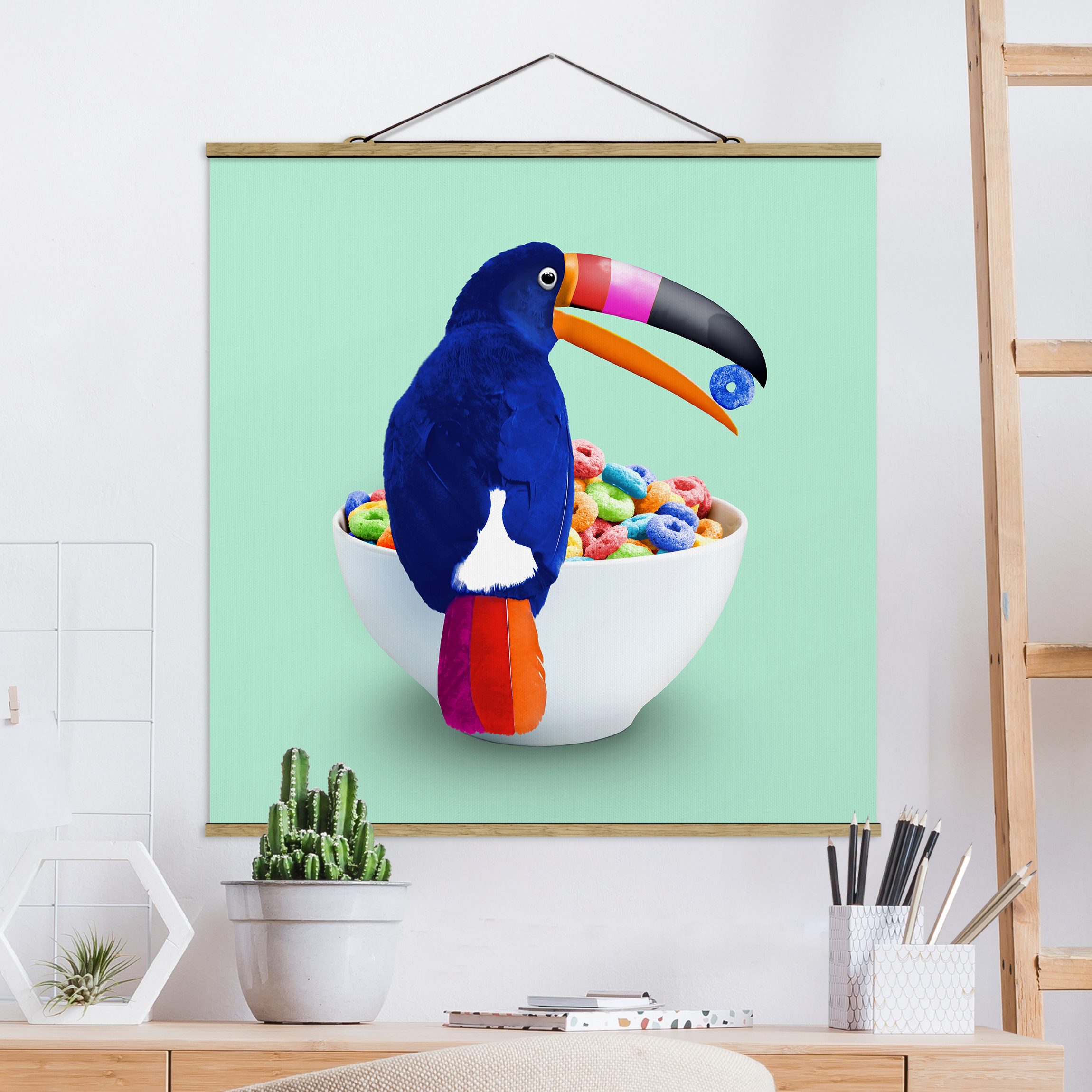 Stoffbild mit Posterleisten Frühstück mit Tukan