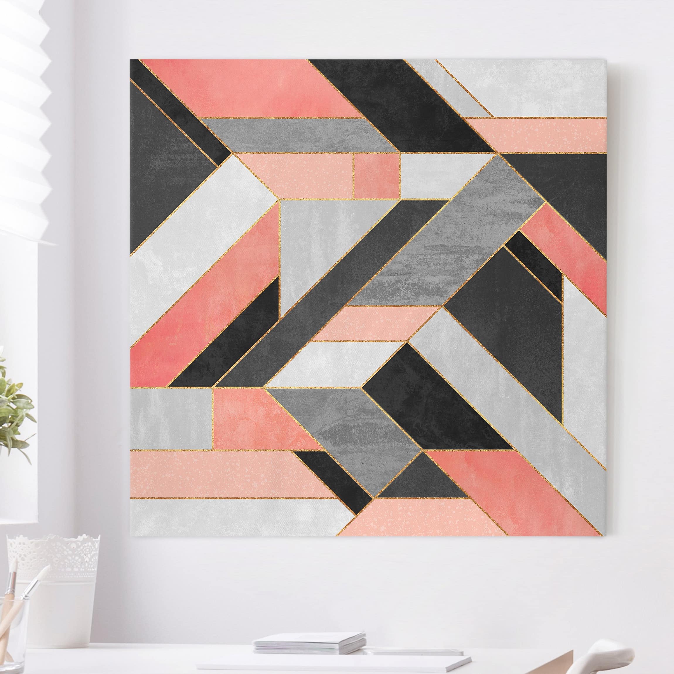 Leinwandbild - Quadrat Geometrie Rosa und Gold