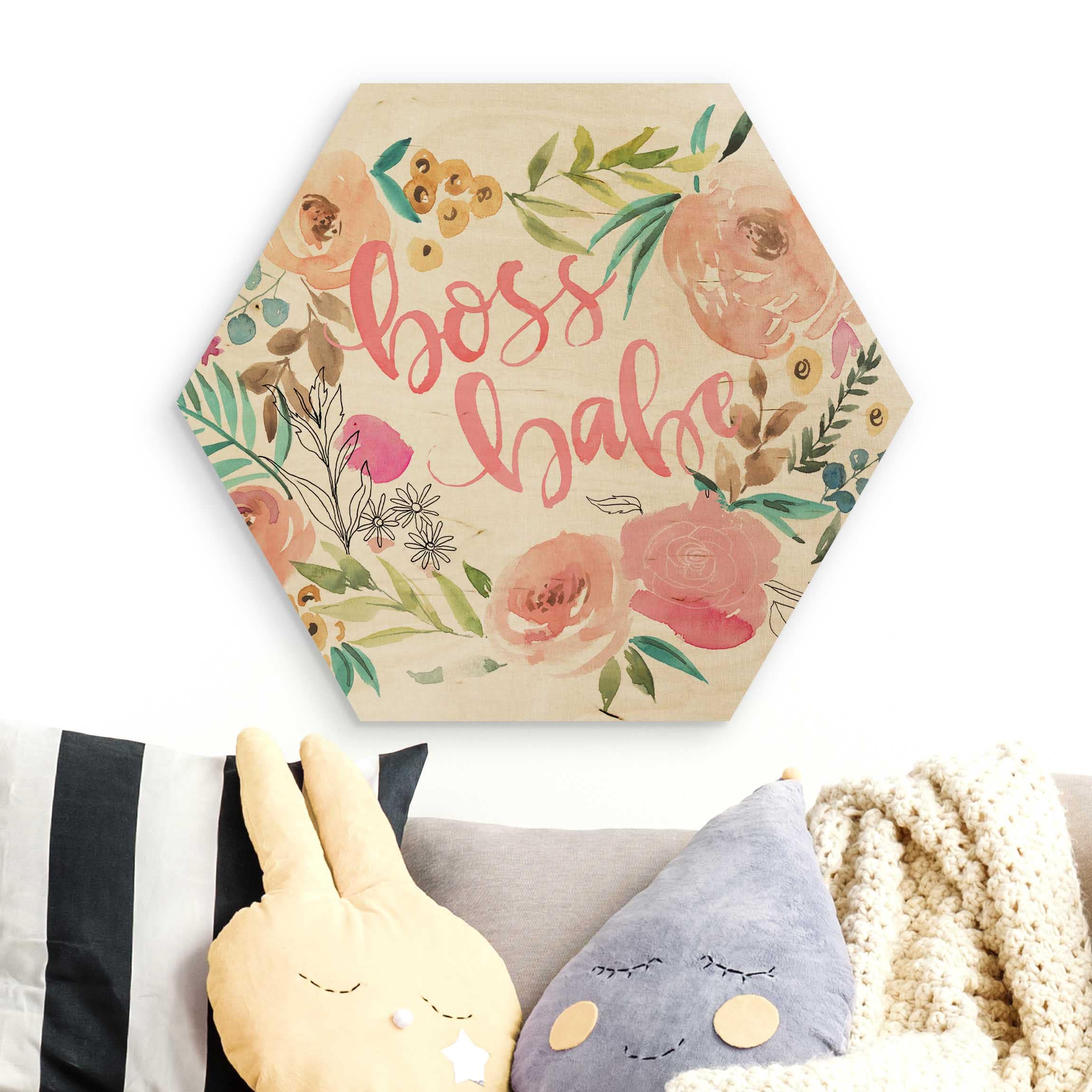 Hexagon-Holzbild Rosa Blüten - Boss Babe
