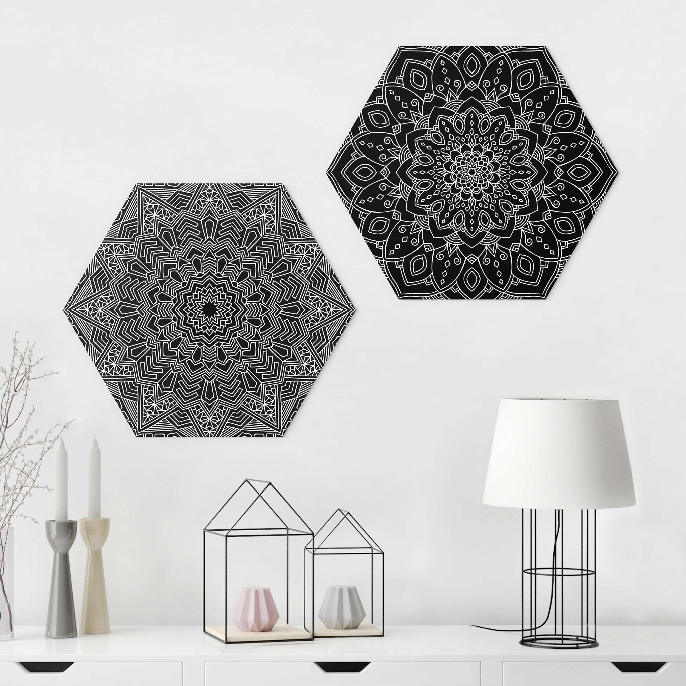 2-teiliges Hexagon-Alu-Dibond Bild Mandala Blüte Stern Muster Schwarz
