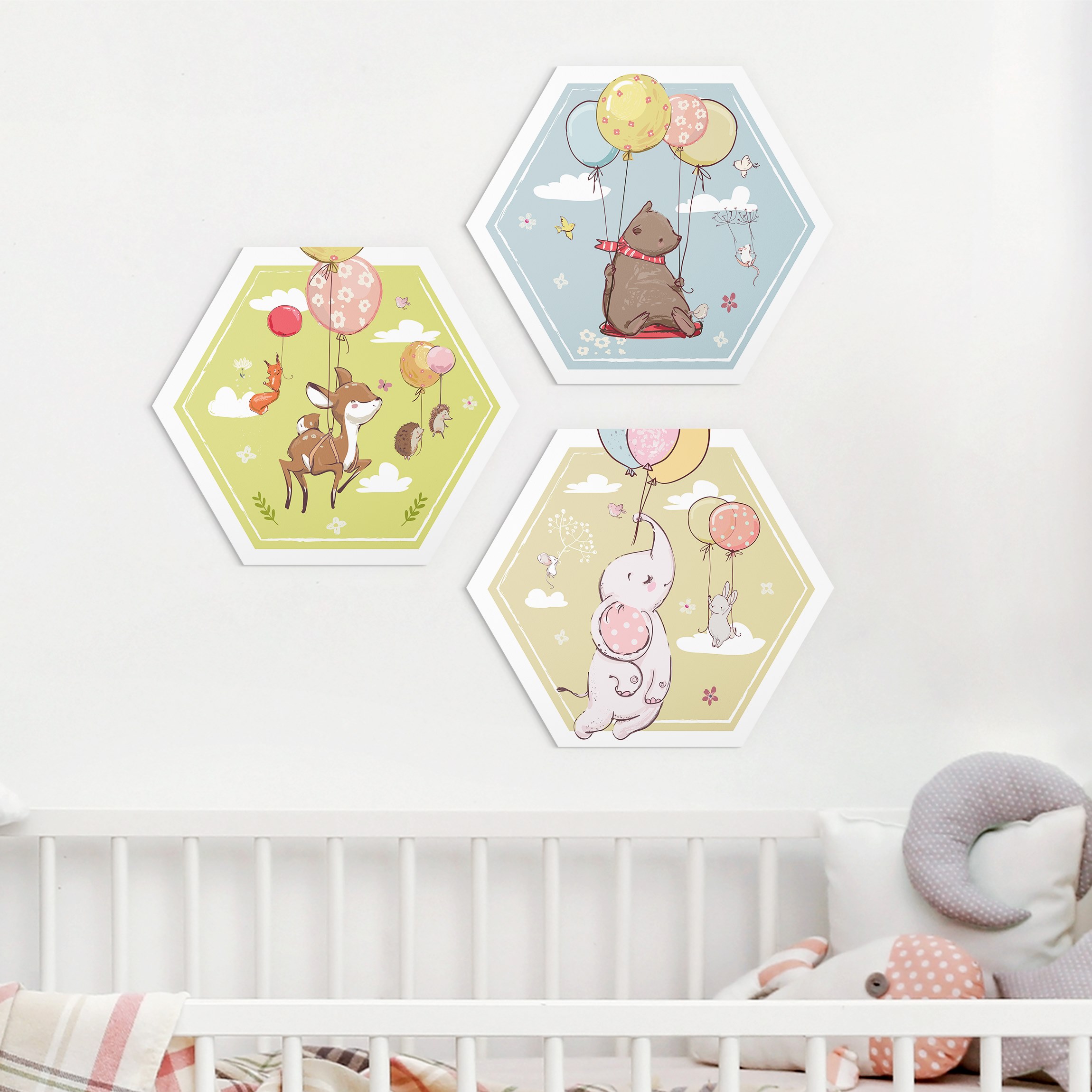 3-teiliges Hexagon-Alu-Dibond Bild Fliegender Elefant Bär Reh
