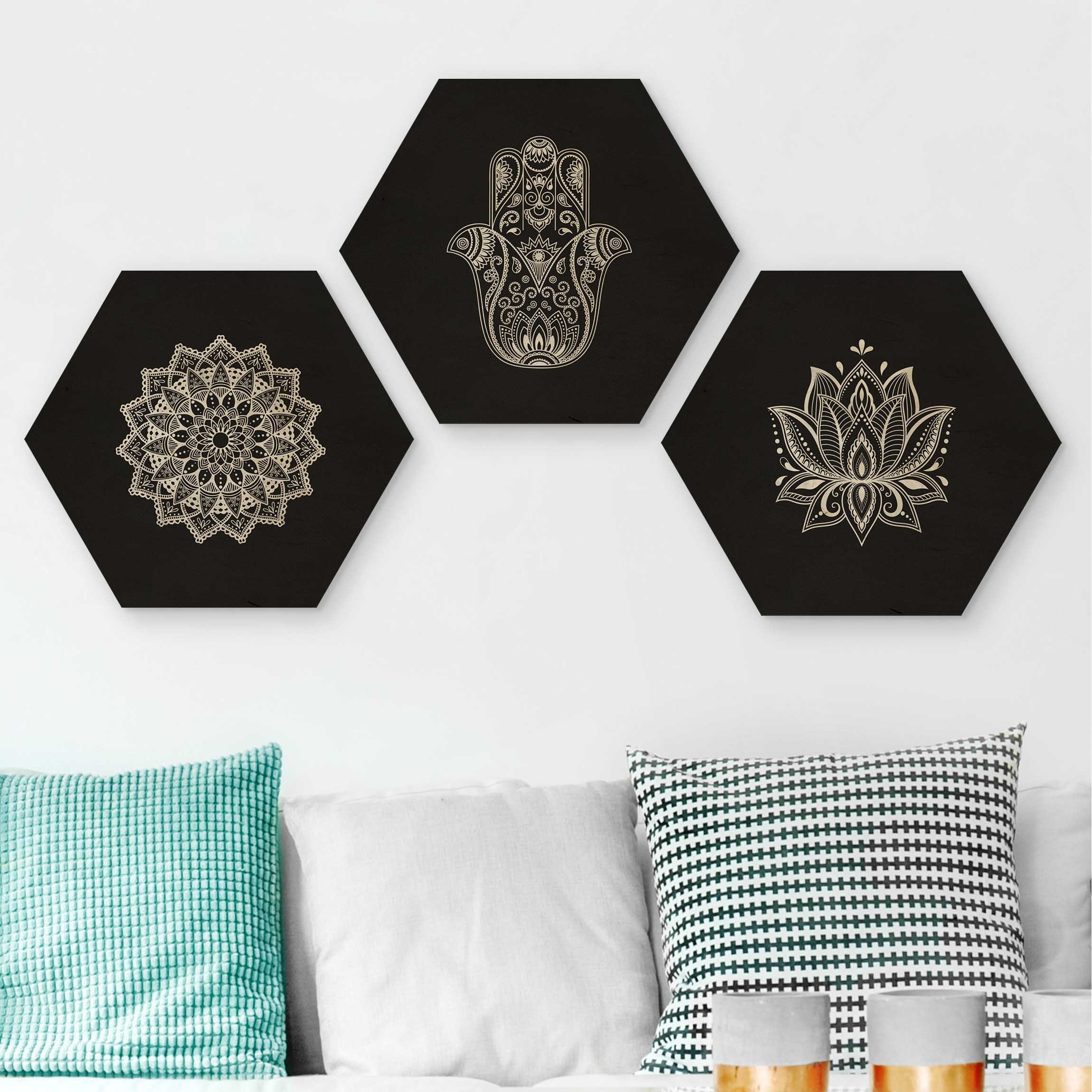 3-teiliges Hexagon-Holzbild Mandala Hamsa Hand Lotus Set auf Schwarz