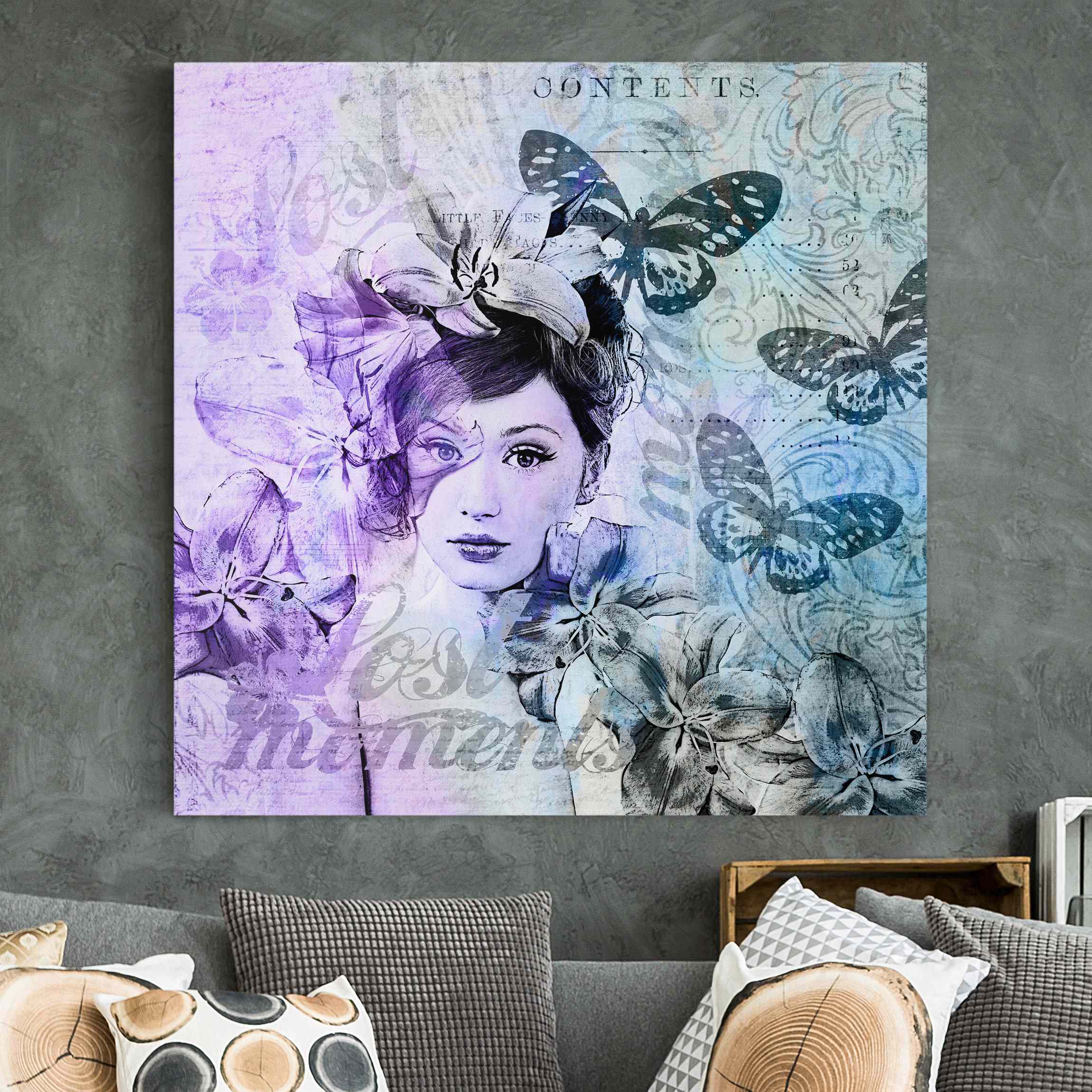 Leinwandbild Shabby Chic Collage - Portrait mit Schmetterlingen