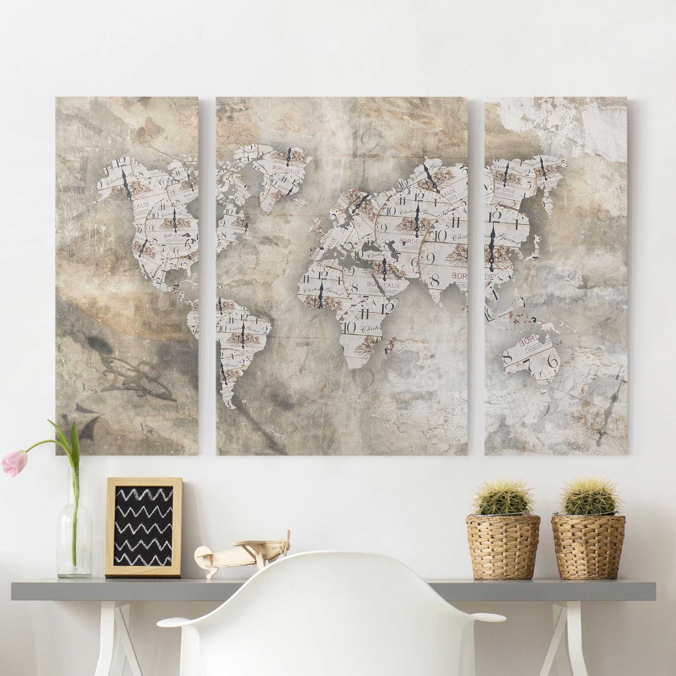 3-teiliges Leinwandbild - Querformat Shabby Uhren Weltkarte