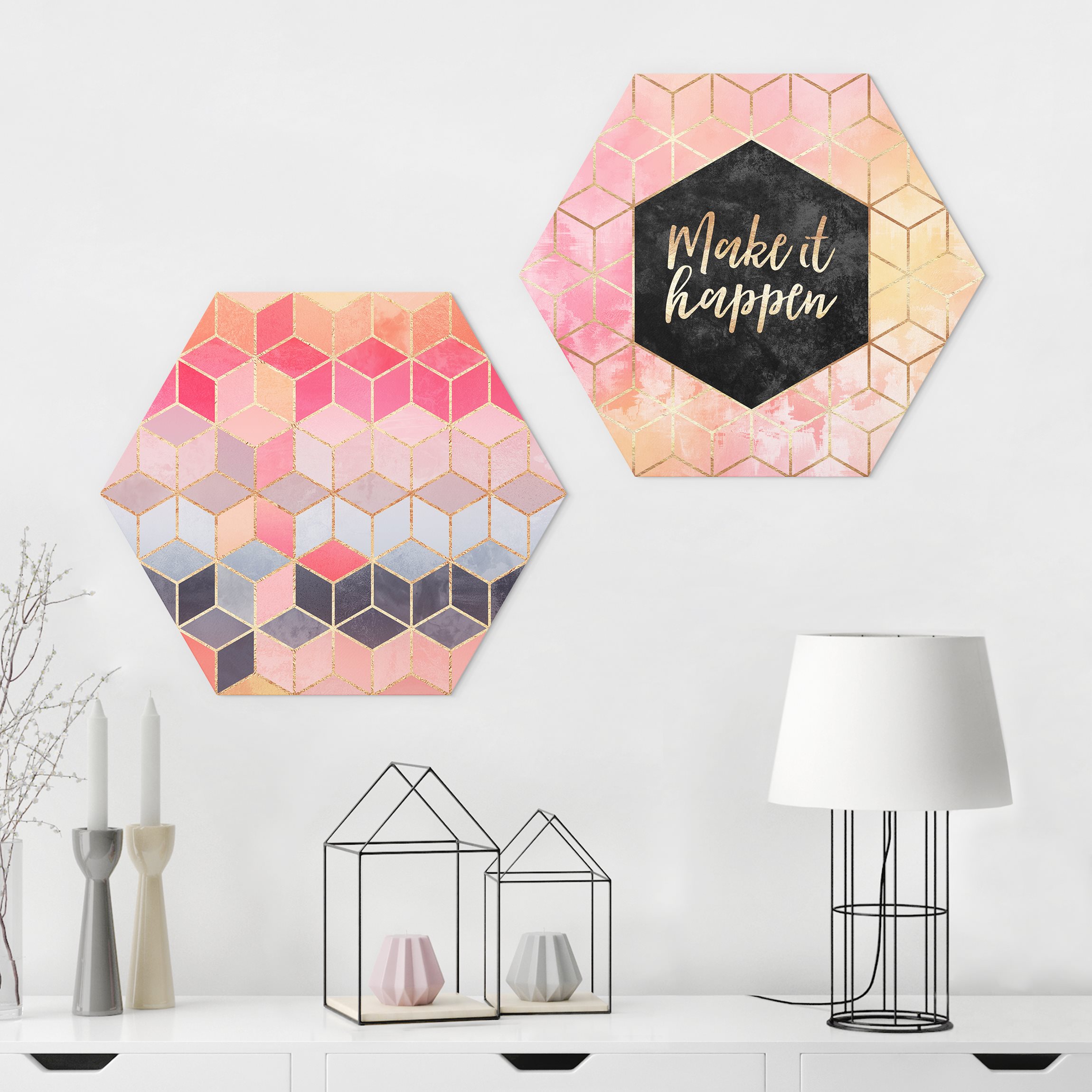 2-teiliges Hexagon-Forexbild Make It Happen Geometrie Set Pink