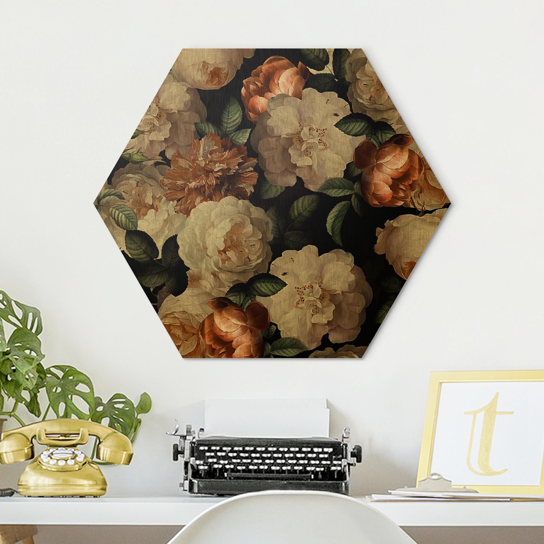 Hexagon-Alu-Dibond Bild Rote Rosen mit Weißen Rosen