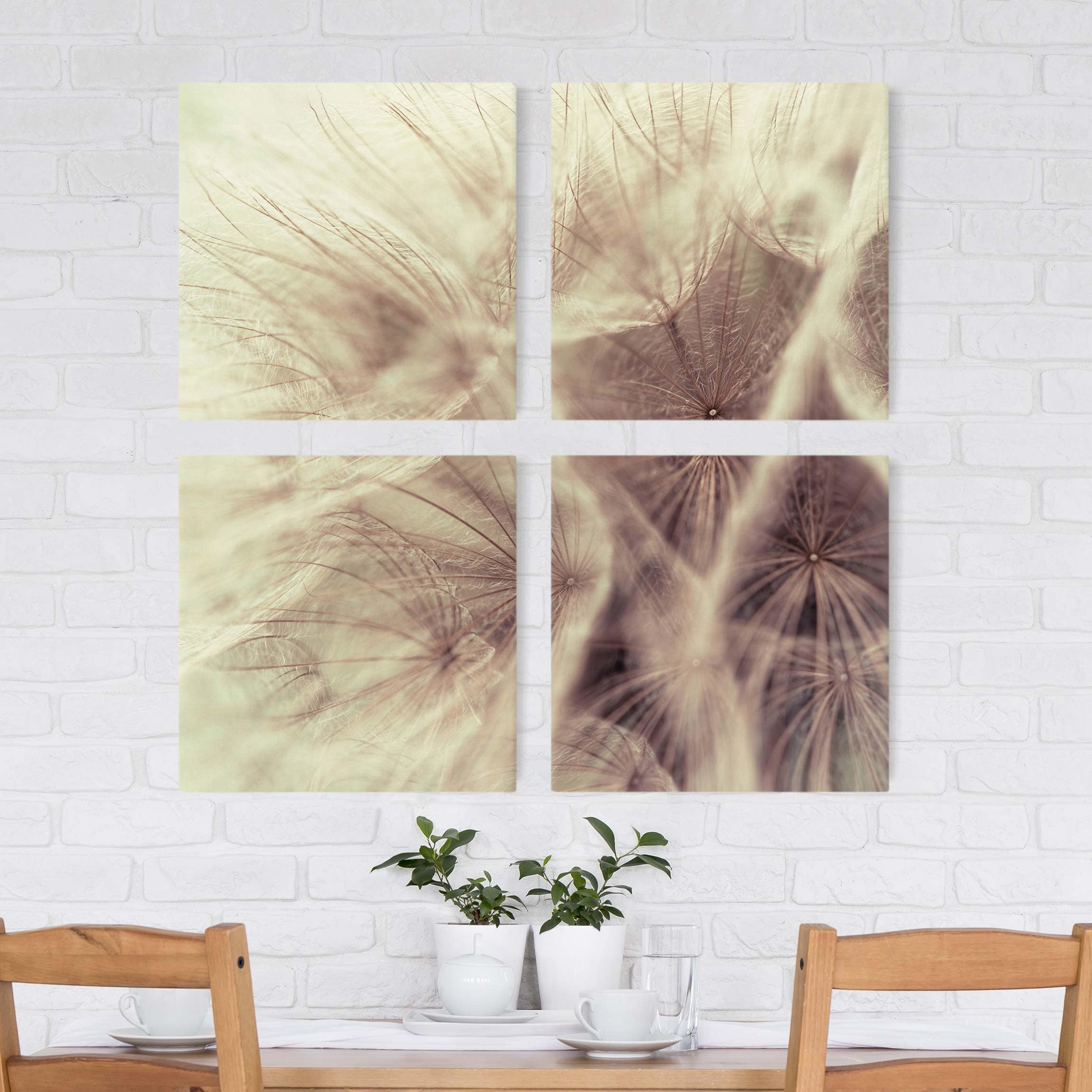 4-teiliges Leinwandbild Detailreiche Pusteblumen Makroaufnahme mit Vintage Blur Effekt