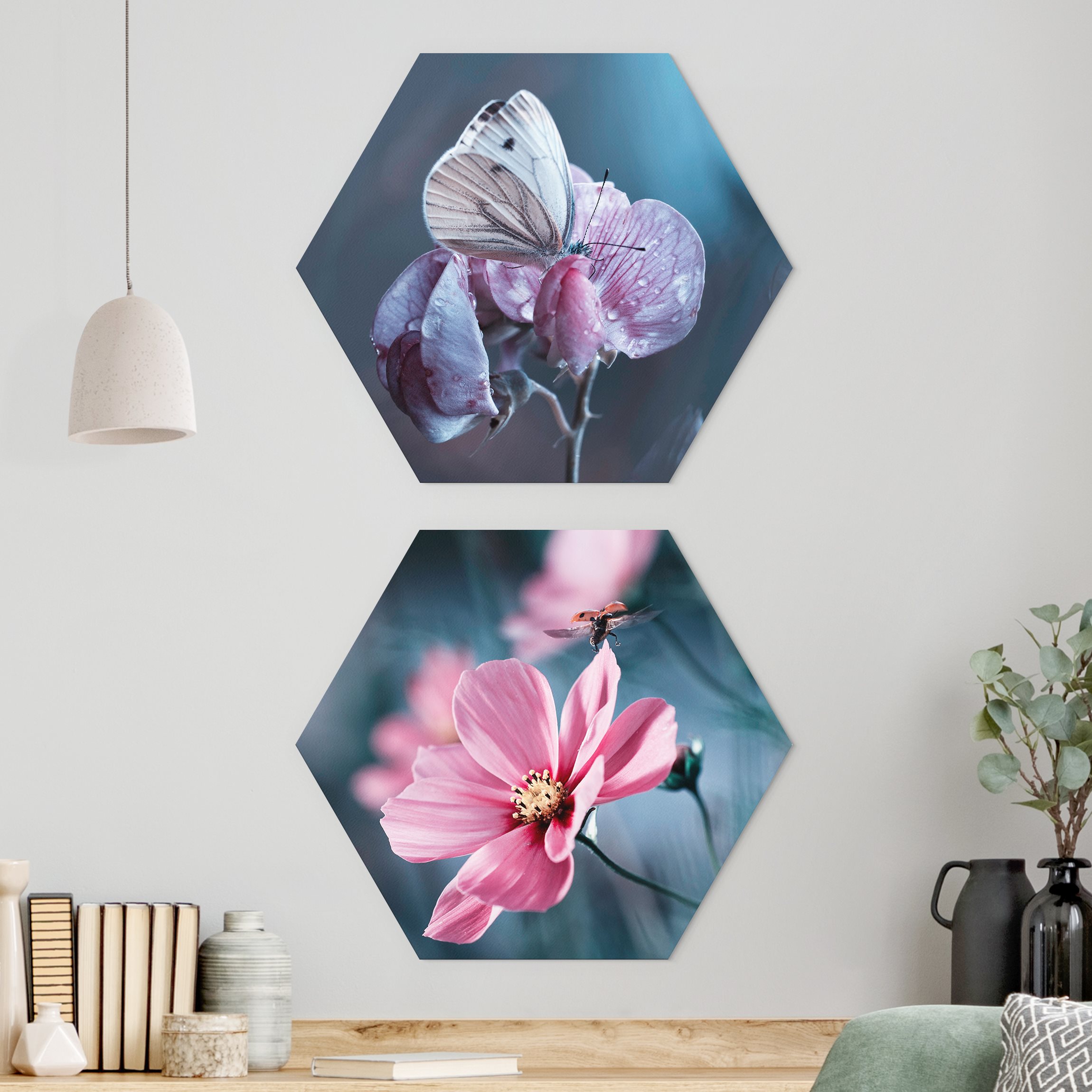 2-teiliges Hexagon-Forexbild Schmetterling und Marienkäfer auf Blüten