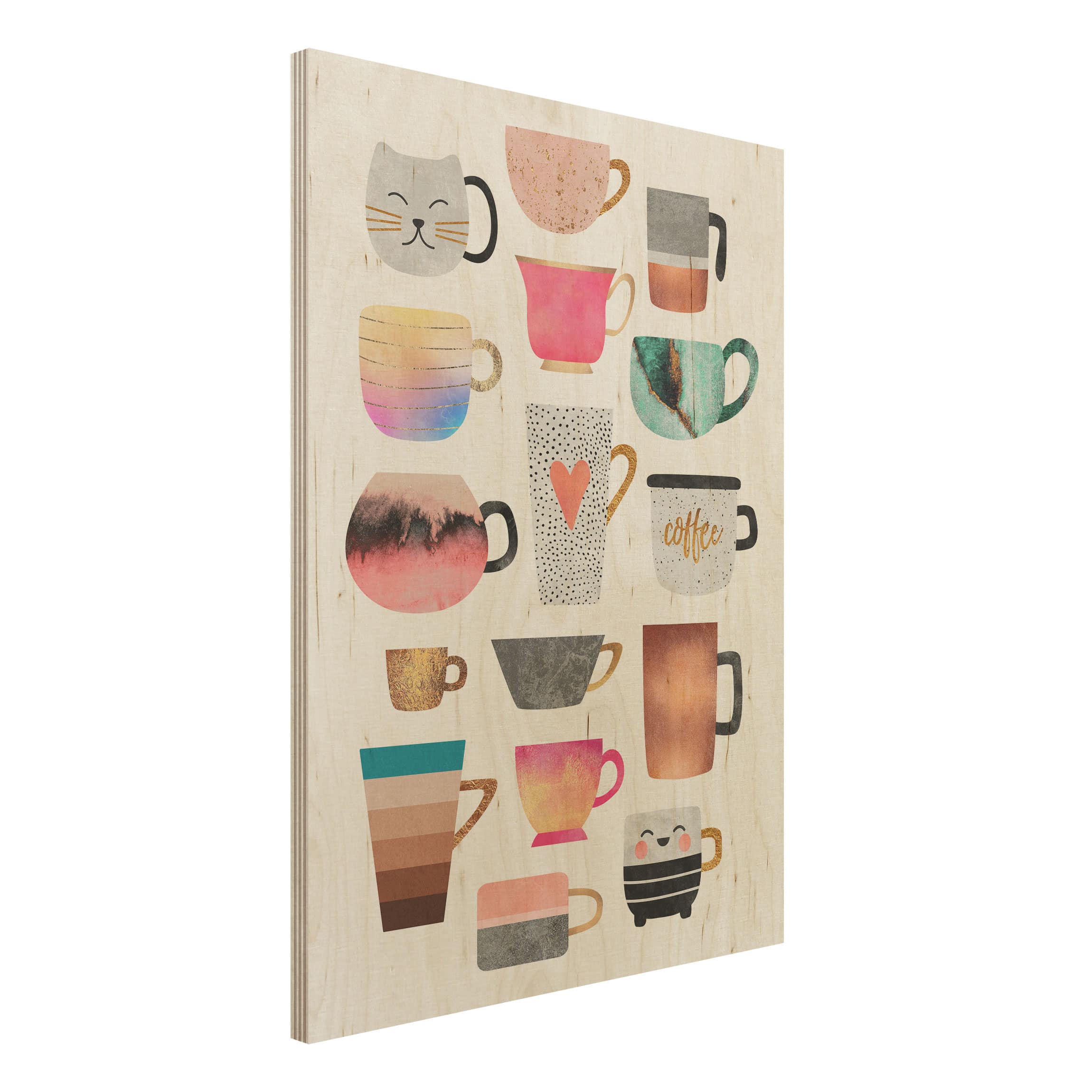 Holzbild Bunte Tassen mit Gold