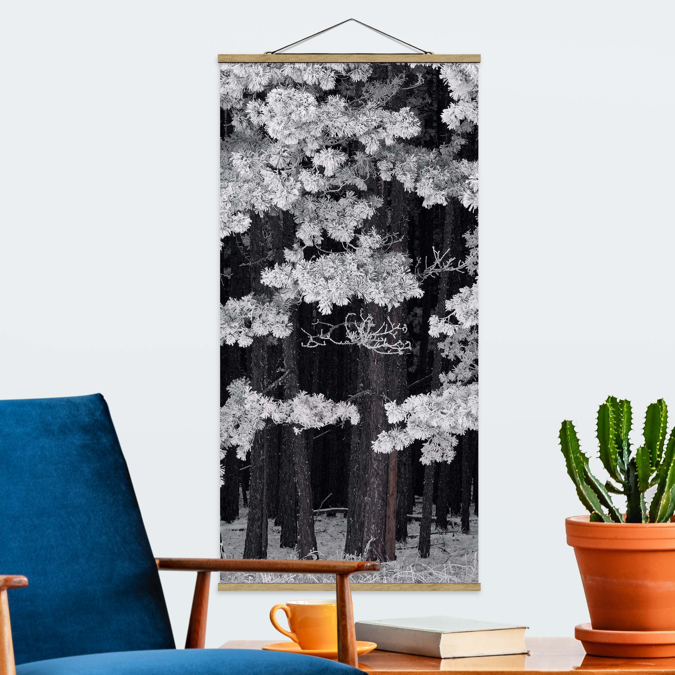 Stoffbild mit Posterleisten Wald mit Raureif in Österreich