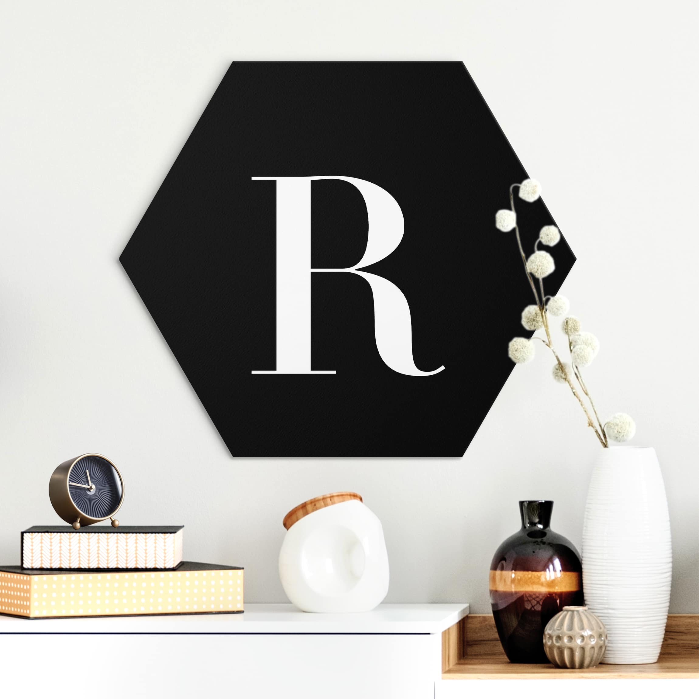 Hexagon-Alu-Dibond Bild Buchstabe Serif Schwarz R