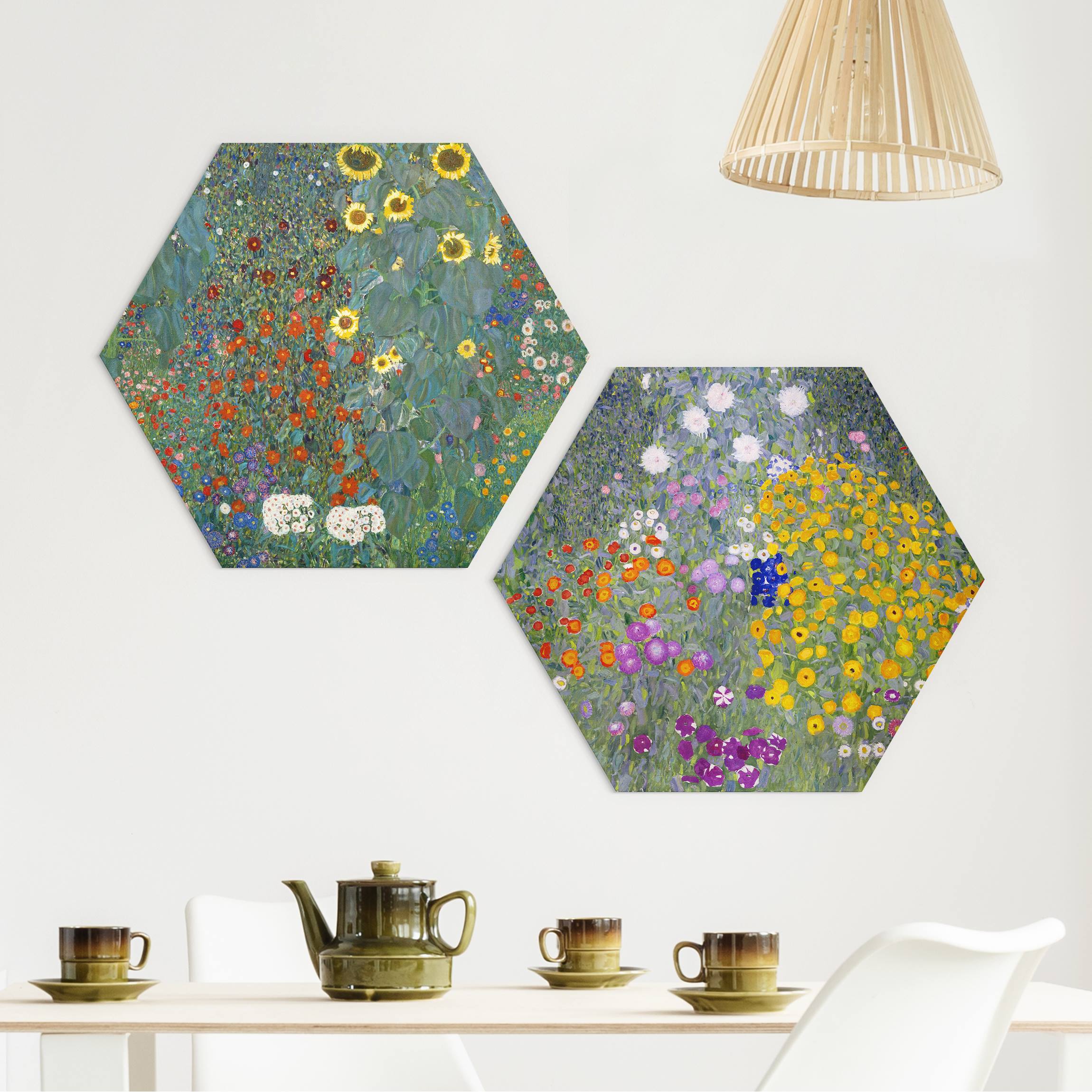 2-teiliges Hexagon-Alu-Dibond Bild Gustav Klimt - Im grünen Garten