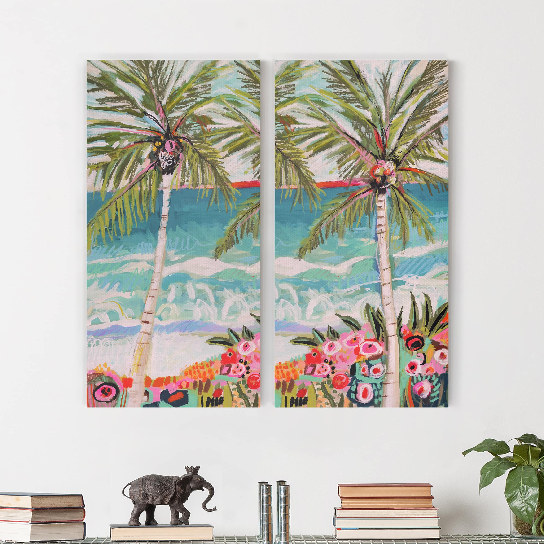 2-teiliges Leinwandbild - Hochformat Palme mit pinken Blumen Set I