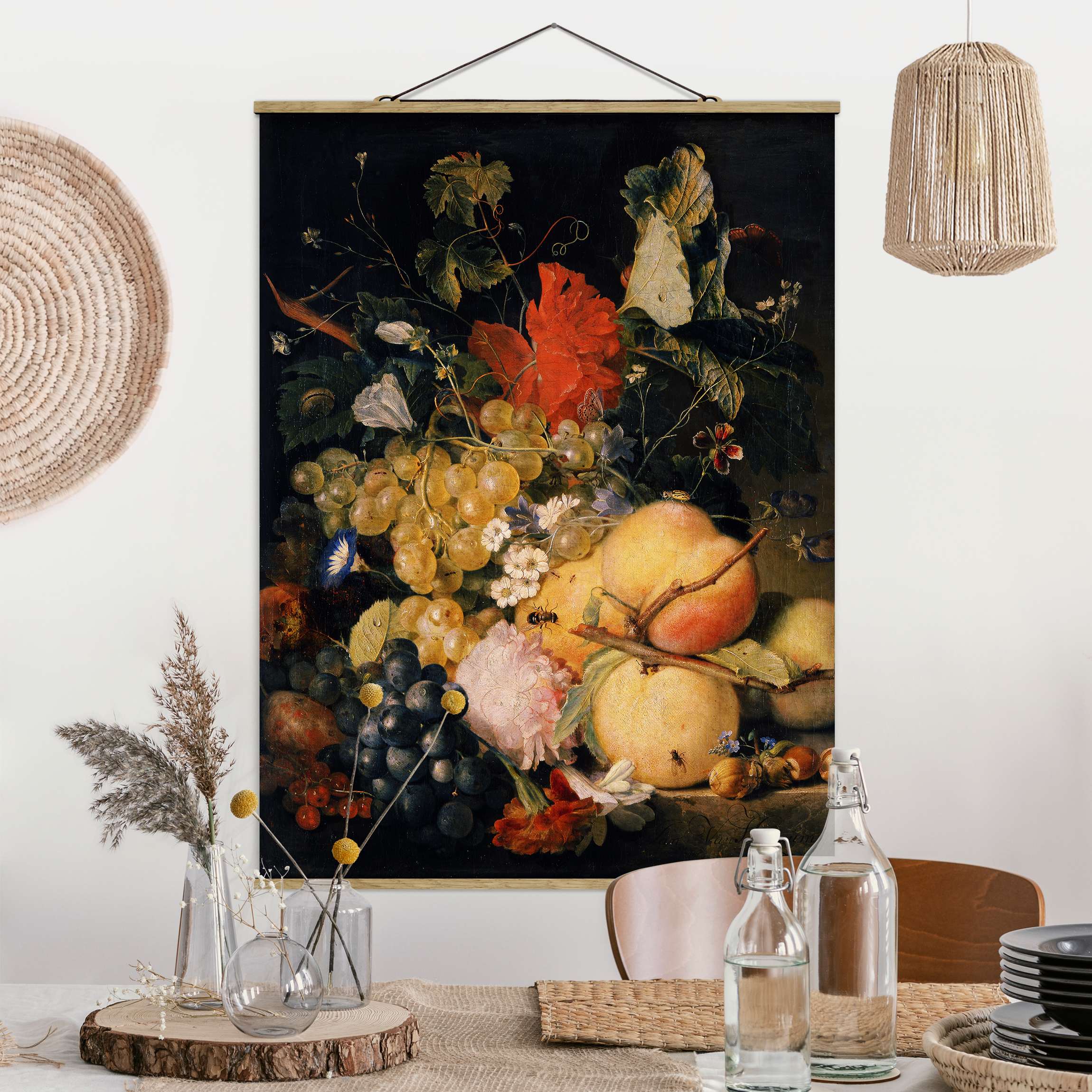 Stoffbild - Hochformat Jan van Huysum - Früchte Blumen und Insekten