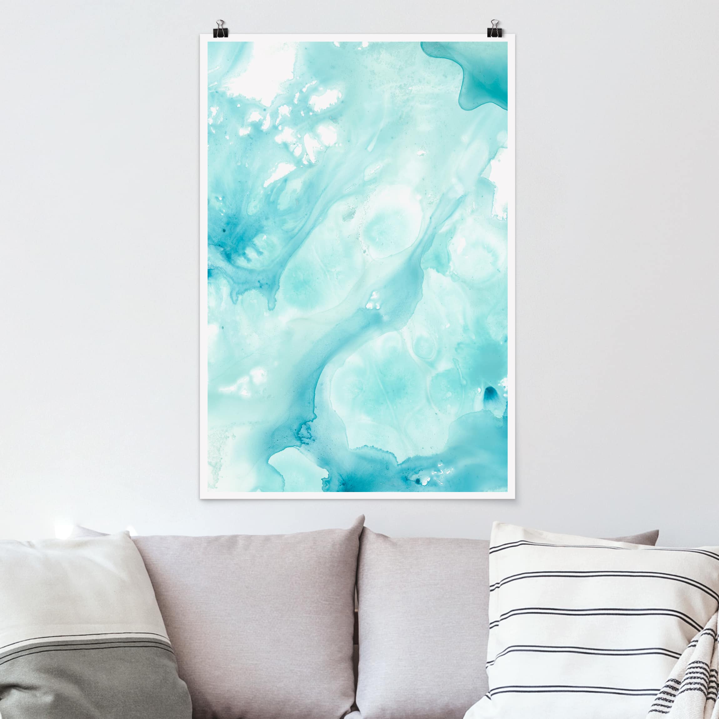 Poster - Hochformat Emulsion in weiß und türkis I